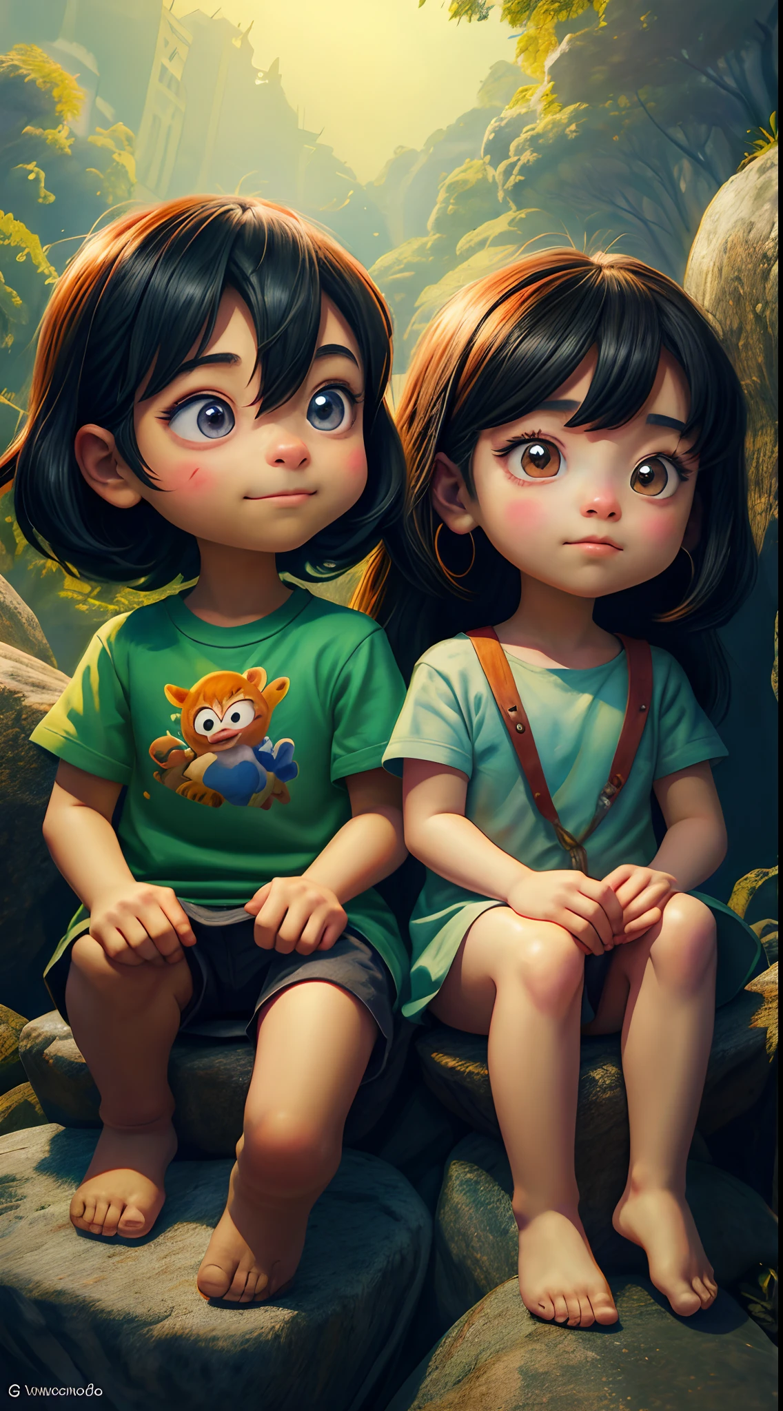 a couple of children sitting on top of a rock next to each other, e meninating digital adorable, desenho animado bonito, arte digital bonito, arte de pintura digital dos desenhos animados, arte digital detalhada bonito, estilo bonito dos desenhos animados, pintura digital dos desenhos animados, arte do filme, arte digital dos desenhos animados, foto de perfil, arte dos desenhos animados, animation film, personagem bonito dos desenhos animados, arte fofa, retrato de alta qualidade