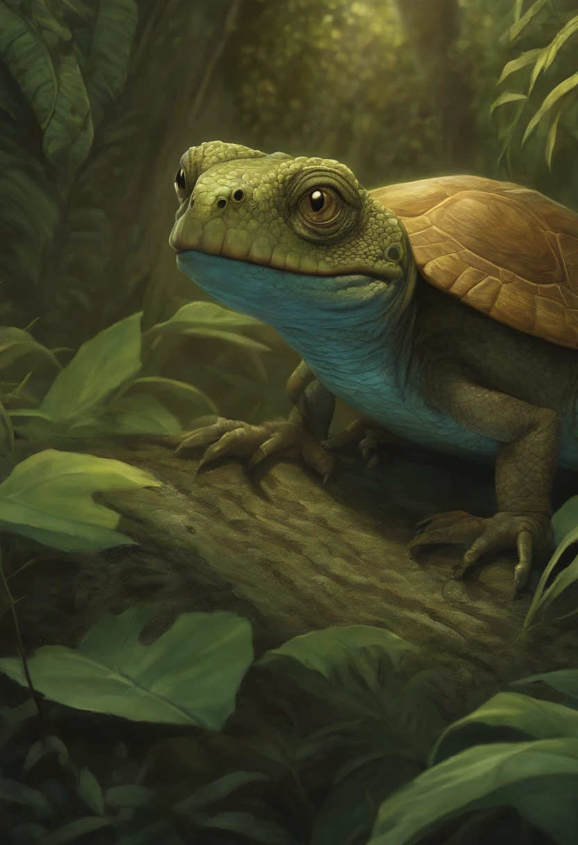 a close up of a cartoon character with a big smile, concept art by Andrew Ferez, behance contest winner, pop surrealism, award winning creature portrait, lizardfolk, full color illustration, anthropomorphic creature, humanoid turtle monster, dzo, epic full color illustration, full art illustration, frogzilla creature, detailed creature, exquisite creature poster art