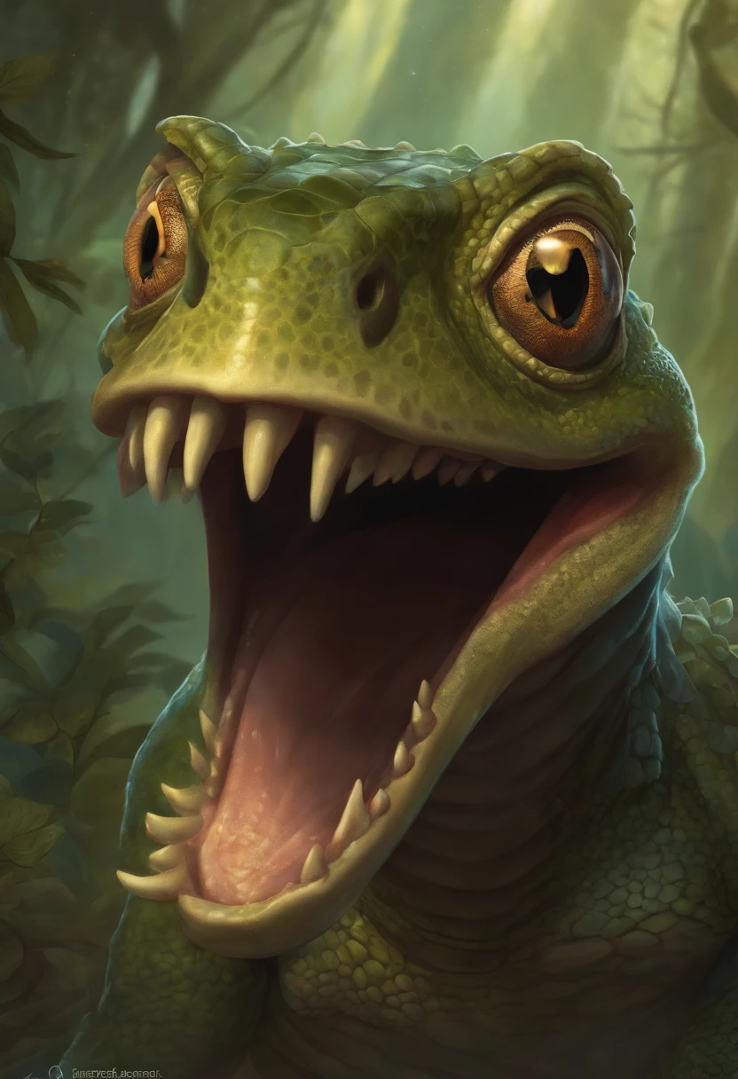 a close up of a cartoon character with a big smile, concept art by Andrew Ferez, behance contest winner, pop surrealism, award winning creature portrait, lizardfolk, full color illustration, anthropomorphic creature, humanoid turtle monster, dzo, epic full color illustration, full art illustration, frogzilla creature, detailed creature, exquisite creature poster art