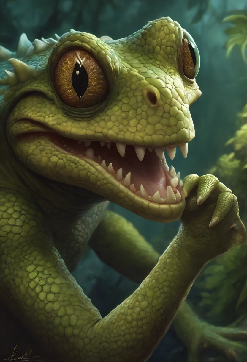 a close up of a cartoon character with a big smile, concept art by Andrew Ferez, behance contest winner, pop surrealism, award winning creature portrait, lizardfolk, full color illustration, anthropomorphic creature, humanoid turtle monster, dzo, epic full color illustration, full art illustration, frogzilla creature, detailed creature, exquisite creature poster art