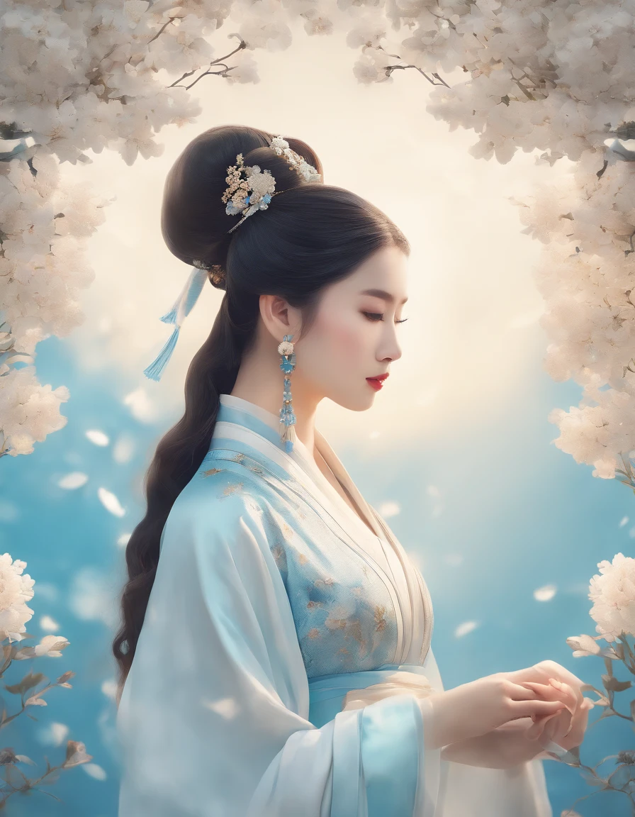 Ambilight,brilliant,(white and sky blue color tone:1.2),masterpiece,ultra-high quality,( ultra detailed original illustration),(Hanfu 1girl, cleavage, narrow waist),double exposure,fussion of fluid abstract art,( original illustration composition),( fusion of limited color, maximalism artstyle, geometric artstyle, junk art),innumerable flowers,