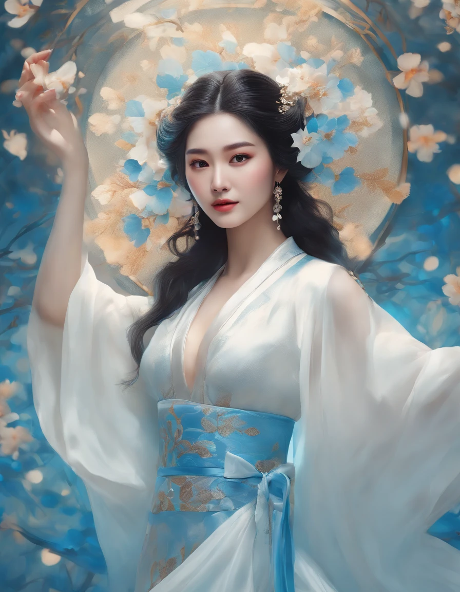 Ambilight,brilliant,(white and sky blue color tone:1.2),masterpiece,ultra-high quality,( ultra detailed original illustration),(Hanfu 1girl, cleavage, narrow waist),double exposure,fussion of fluid abstract art,( original illustration composition),( fusion of limited color, maximalism artstyle, geometric artstyle, junk art),innumerable flowers,