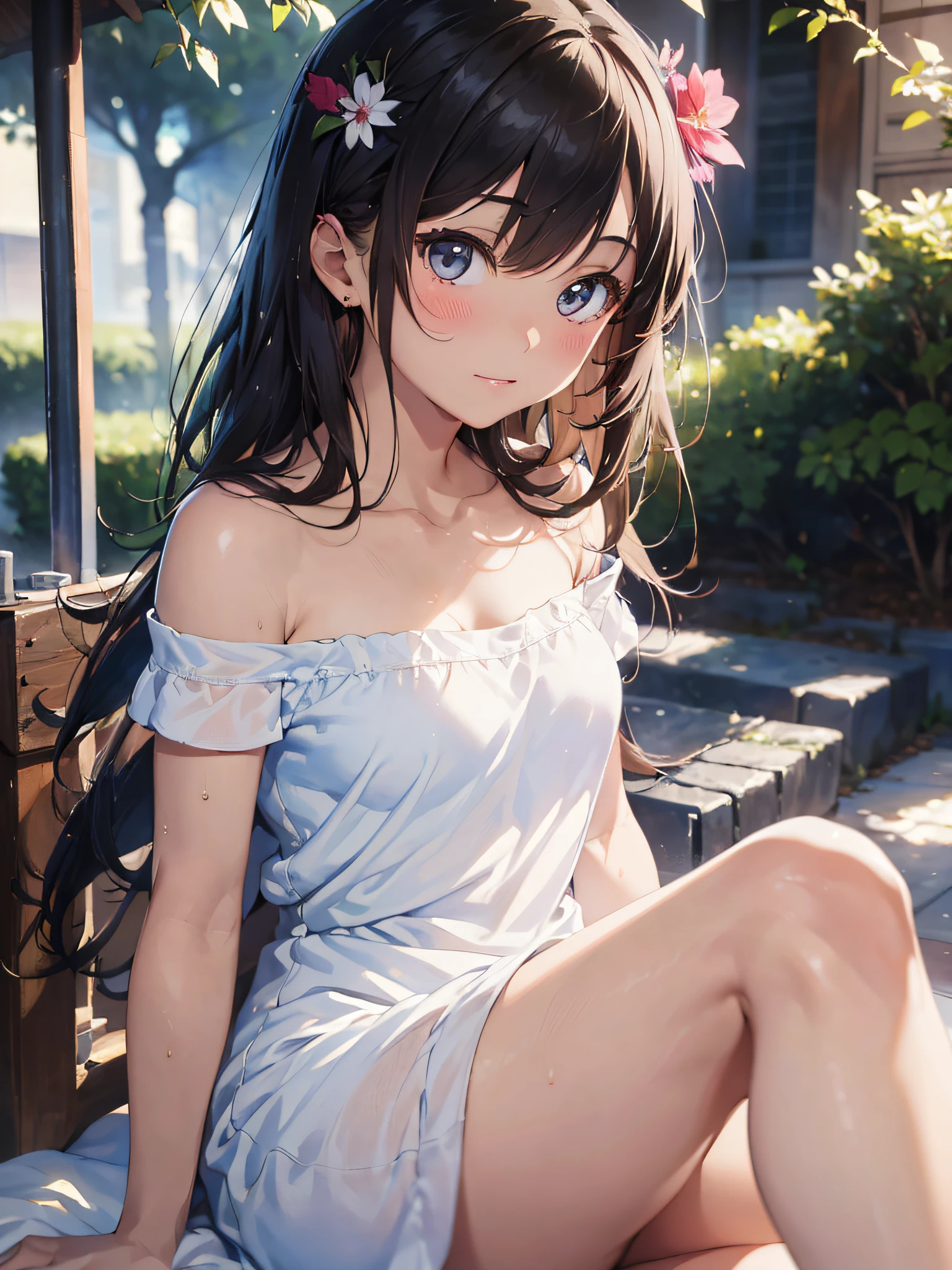 (masterpiece:2.0), (top-quality:2.0), (white Tube top extremely short length dress made by towel:1.5), (perfect exposed shoulders:1.5), (perfect exposed nape:1.5), (super sexypose:1.5), (blushed face:1.3), (barechested:1.3), (realistic:1.5), 1 girl, precise small hands, Embarrassed look, light smile, extremely cute girl, innocent face, young face, Clear eyes, Shining eyes, shoulder is visible, small breast, thigh is visible, No pubic hair, The beautiful skin, ultra-definition, Top resolution, japan high school student, brown hair