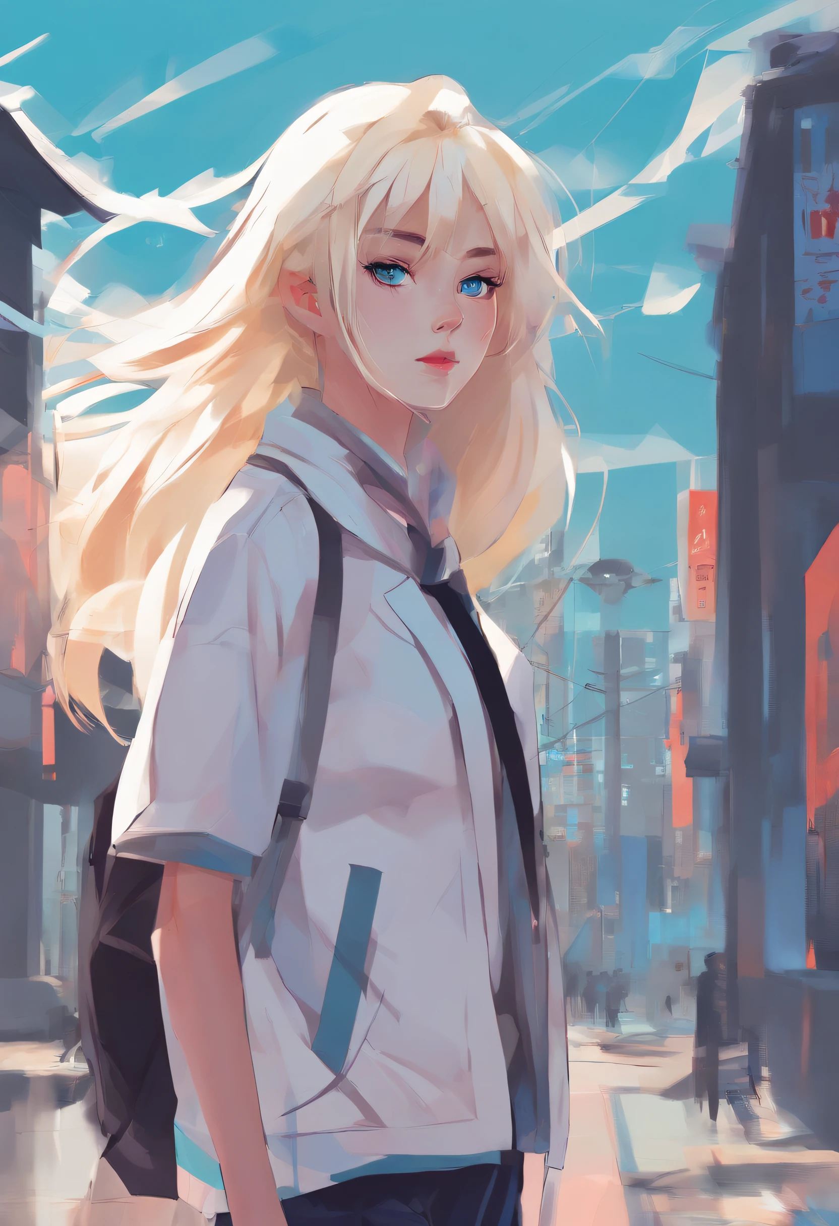 1 girl , solo, blonde hair, blue aqua eyes, wearing a japanese school clothes, walking to school, cloudy, windy, inspired by wlop, Ilya Kuvshinov, digital illustration, professional digital artist, Sharp focus, ultra hd, highres, extreme detail, 4k, vibrant, trending in artsation