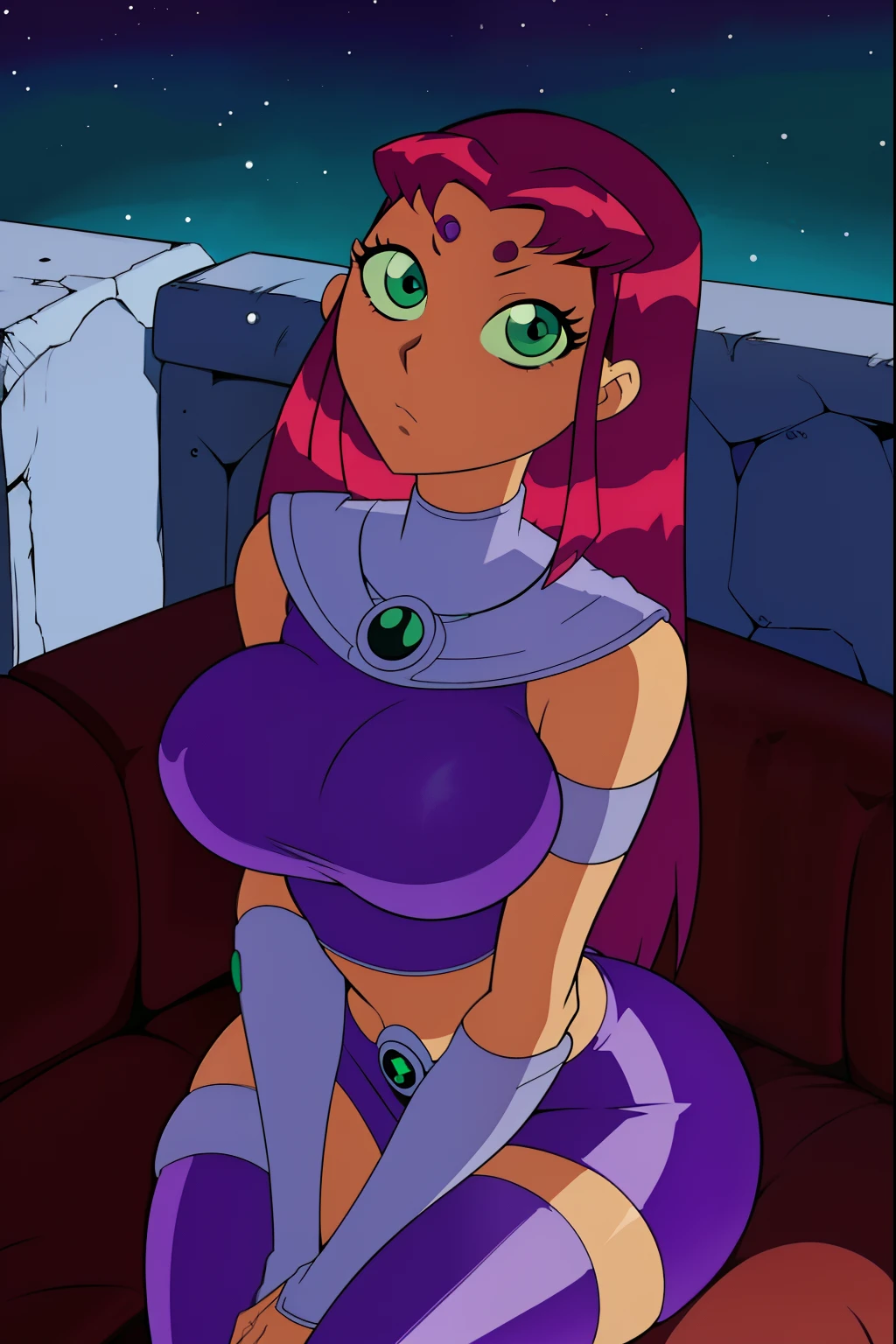 Teen titans, Starfire, anime, masterpiece, 1girl, ((bimbo))), green eyes, beautiful eyes, long red hair, wide hips, thick thigh, big breast, huge ass, shiny skin, purple skirt, purple top, sitting, serious face, looking up at the stars, purple shade night,