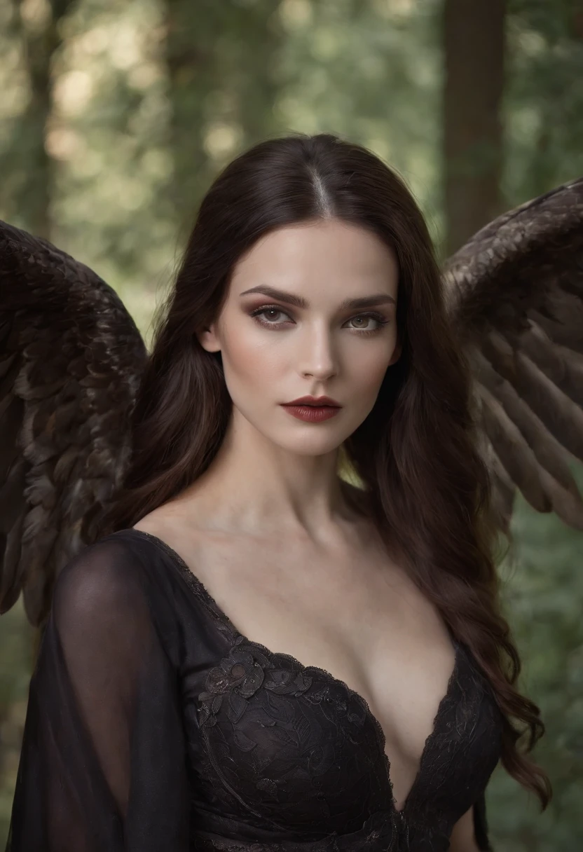 "Create a depiction of Lilith with dark, flowing hair and captivating eyes that exude mystery. Imagine her with a pale complexion and an alluring mark on her skin. Her wings, resembling those of an owl or serpent, add to her enigmatic charm. Show her with elegant hands that carry an air of both sensuality and strength. Against a backdrop of night, convey Lilith's allure and intrigue in a single image."