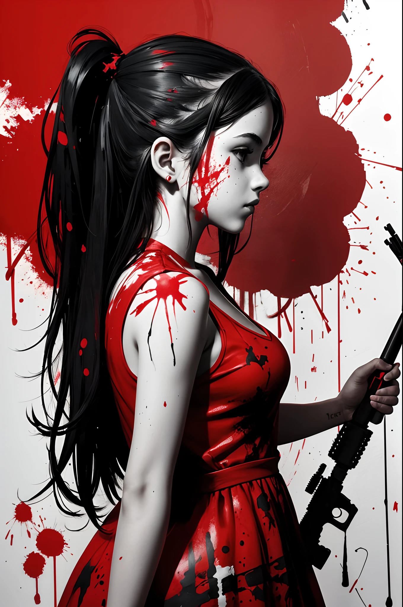 Black and white drawing of a girl in a red dress, Side view, Giving a red balloon to an adult army soldier with a rifle, In splatters of red paint, , Black and white background, Carne Griffiths, Incredible art, graffiti art, modern european ink painting