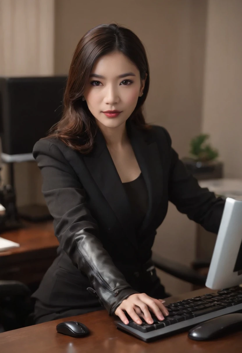 Wearing black leather gloves on both hands, Upper body, Black business suit, Facing the desk in my room with a computer in the dark, Tapping the keys on the computer keyboard with the fingertips of black leather gloves while looking at the screen, Black hair was tied back for a long time, Japan female new employees (Black leather gloves cover both hands) (The angle is in front)