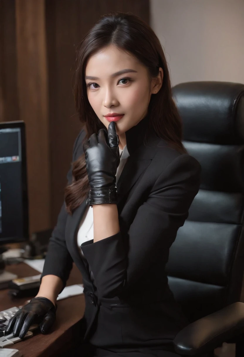 Wearing black leather gloves on both hands, Upper body, Black business suit, Facing the desk in my room with a computer in the dark, Tapping the keys on the computer keyboard with the fingertips of black leather gloves while looking at the screen, Black hair was tied back for a long time, Japan female new employees (Black leather gloves cover both hands) (The angle is in front)
