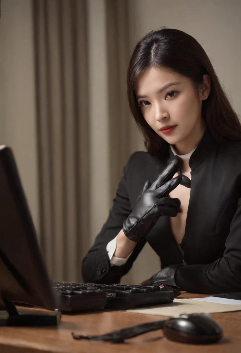 Wearing black leather gloves on both hands, Upper body, Black business suit, Facing the desk in my room with a computer in the dark, Tapping the keys on the computer keyboard with the fingertips of black leather gloves while looking at the screen, Black hair was tied back for a long time, Japan female new employees (Black leather gloves cover both hands) (The angle is in front)