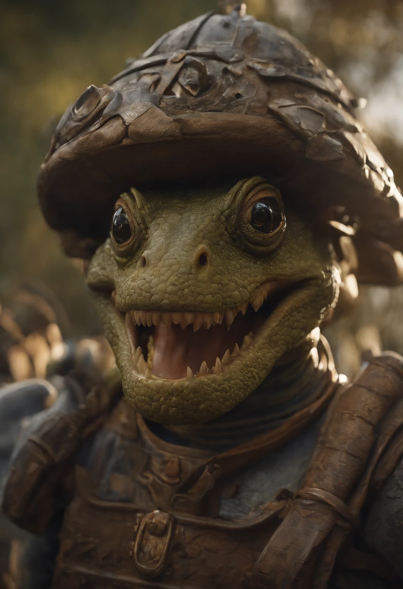 a close up of a cartoon character with a big smile, concept art by Andrew Ferez, behance contest winner, pop surrealism, award winning creature portrait, lizardfolk, full color illustration, anthropomorphic creature, humanoid turtle monster, dzo, epic full color illustration, full art illustration, frogzilla creature, detailed creature, exquisite creature poster art