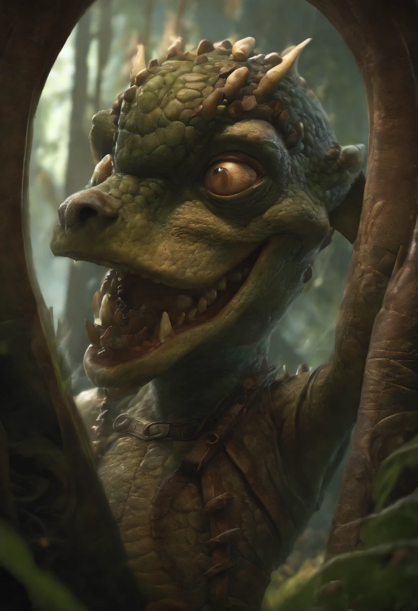 a close up of a cartoon character with a big smile, concept art by Andrew Ferez, behance contest winner, pop surrealism, award winning creature portrait, lizardfolk, full color illustration, anthropomorphic creature, humanoid turtle monster, dzo, epic full color illustration, full art illustration, frogzilla creature, detailed creature, exquisite creature poster art