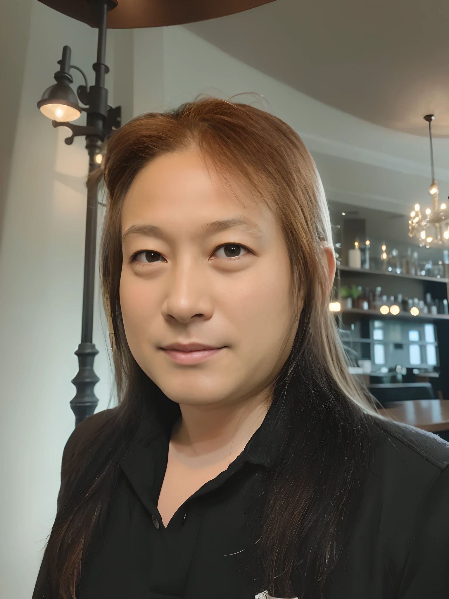 It's in a café,Props to a minimum,There are 2 lights, but avoid them on the head side.Slightly dark atmosphere,Model,Hair naturally,