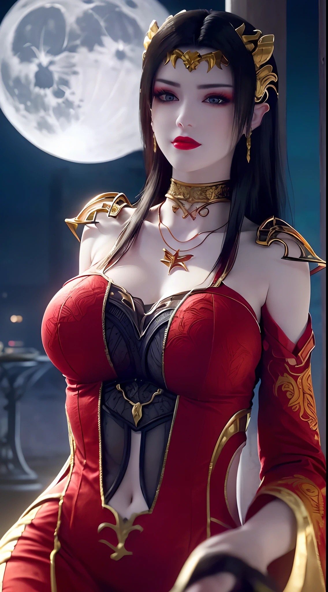 Portrait, mysterious woman with black hair and a silky red dress, wearing a large heart-shaped necklace, hourglass figure, symmetrical figure, highly detailed face, beautiful face, calming blue eyes, lush red lips, smiling, alluring, stunning digital illustration, mysterious quantum environment, cosmic elements and ethereal atmosphere
