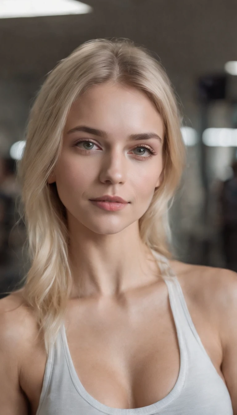 Selfie of a blonde girl in a gym, 24 jahre alt, Russisch, gewellte haare, dunkler haaranstz, midsize boobs_C