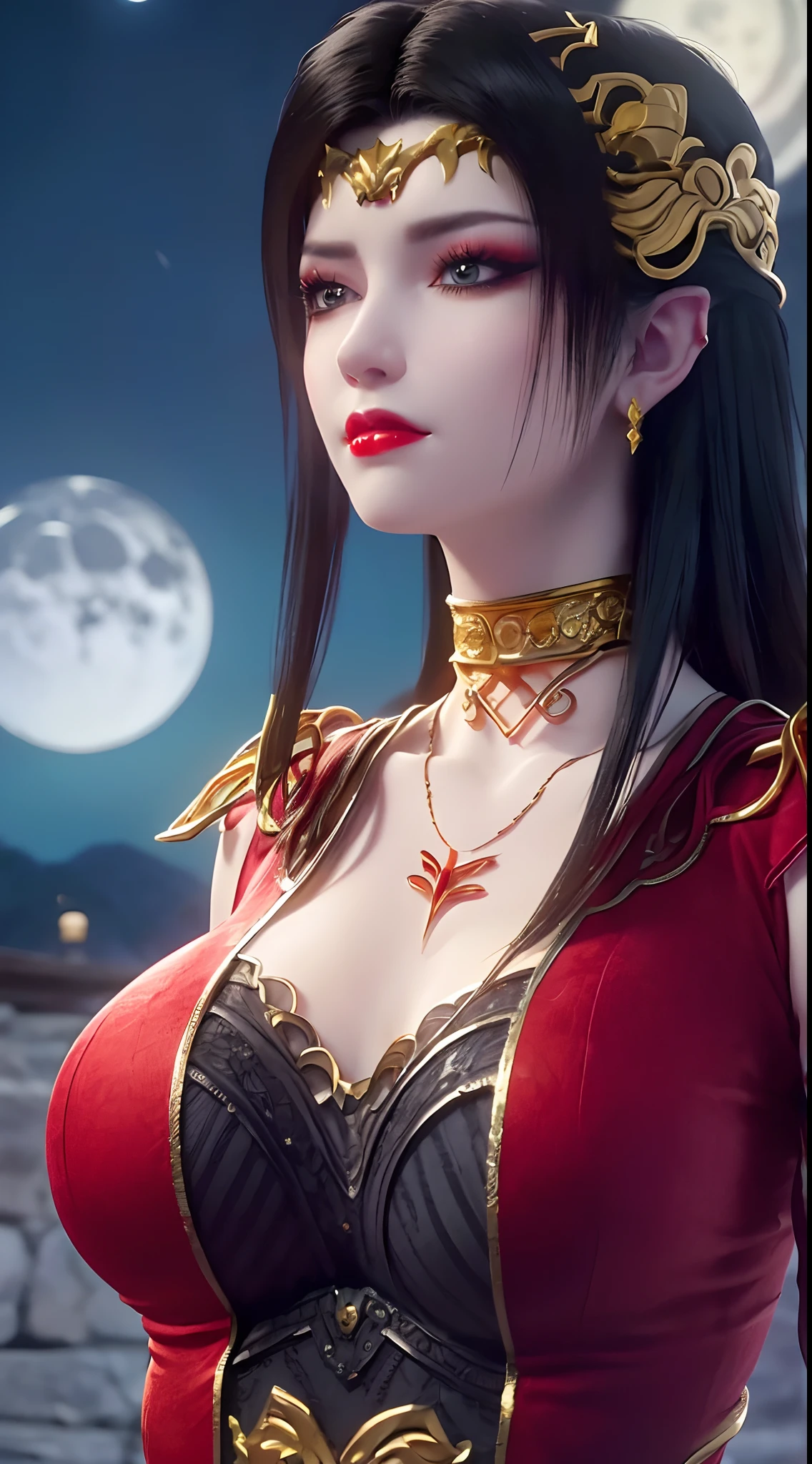 1 extremely beautiful queen, ((wears a red traditional Han costume with thin black patterns:1.6)), (((Patterns on clothes:1.6))), ((long black hair:1.6)), jewelry elaborately made from precious stones and beautiful hair, ((wearing a 24k gold lace necklace:1.4))), the noble, noble style of an extremely beautiful girl, her small face is super cute, her face is very pretty, thin eyebrows, flawless beautiful face, ((black eye pupils: 0.8)), very beautiful eyes, ((platinum blue eyes: 1.6)), (((eyes wide open:1.6))), nice makeup and hair detailed eyelashes, steamy eye makeup, high nose, earrings, red lips, ((closed mouth: 1.5)) beautiful lips, slim hands, most beautiful thighs, ((arms spread out to the sides: 1.5)), rosy face, clean face, flawless beautiful face, smooth white skin, (big breasts: 1.5)), ((high breasts: 1.6)), tight breasts, beautiful cleavage, (((big breasts and super round: 1.8))), ((super tight breasts: 1.7)) , beautiful breasts, perfect body, back arms, chest out, thin black mesh stockings with black lace trim, 8k photo, super high quality, super realistic, super 10x pixels, optical, bright studio, bright edges, dual-tone lighting, (high-detail skin:1.2), super 8k, soft lighting, high quality, volumetric lighting, photorealistic, photorealistic high resolution, lighting, best photo, 4k, 8k quality, blur effect, smooth sharp, 10 x pixel, ((sea and moonlight at night background:1.5)), aurora, lightning, super graphics realistic, most realistic graphics, 1 girl, alone, solo, Extremely sharp image, surreal, (((frontal portrait: 1)))."