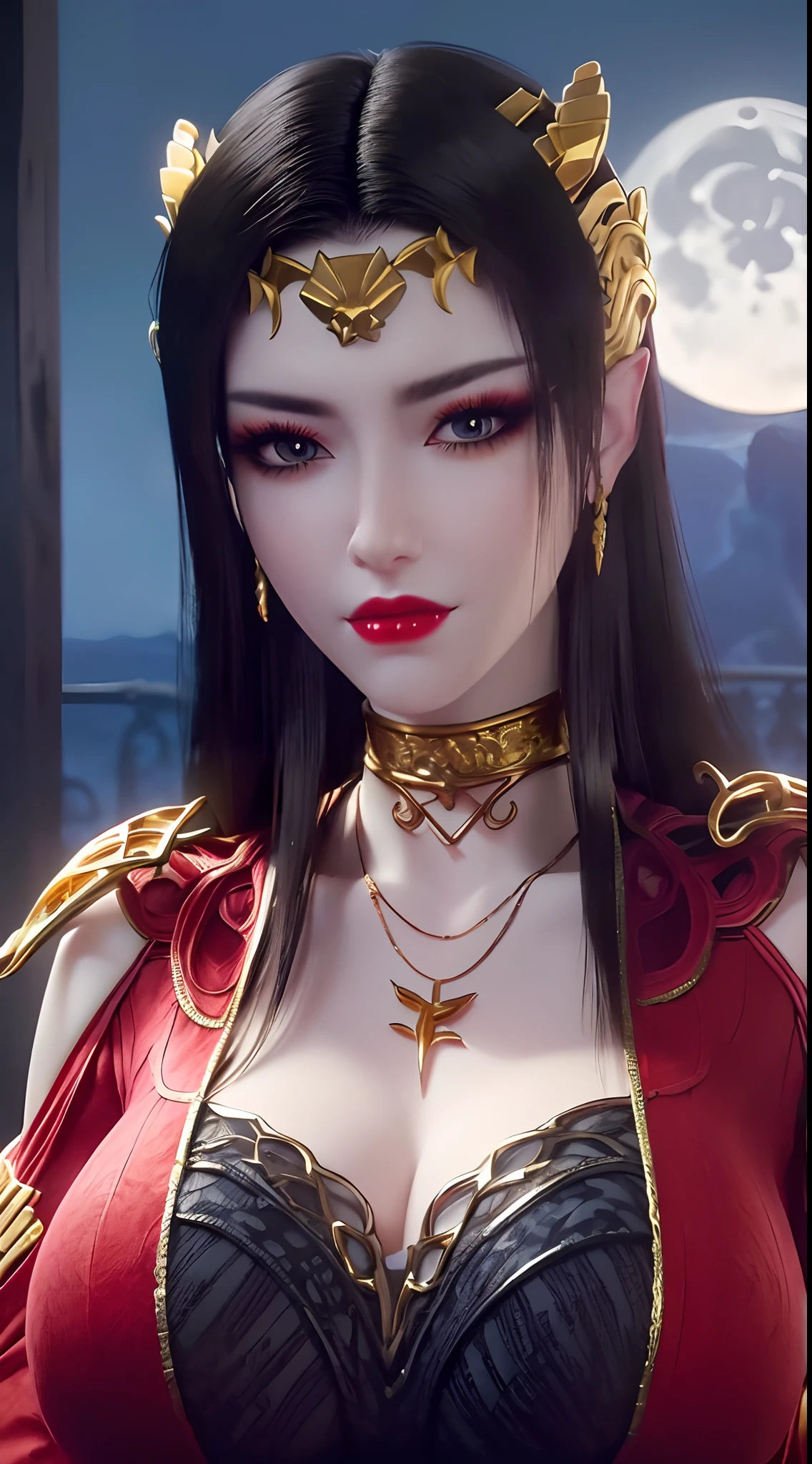 1 extremely beautiful queen, ((wears a red traditional Han costume with thin black patterns:1.6)), (((Patterns on clothes:1.6))), ((long black hair:1.6)), jewelry elaborately made from precious stones and beautiful hair, ((wearing a 24k gold lace necklace:1.4))), the noble, noble style of an extremely beautiful girl, her small face is super cute, her face is very pretty, thin eyebrows, flawless beautiful face, ((black eye pupils: 0.8)), very beautiful eyes, ((platinum blue eyes: 1.6)), (((eyes wide open:1.6))), nice makeup and hair detailed eyelashes, steamy eye makeup, high nose, earrings, red lips, ((closed mouth: 1.5)) beautiful lips, slim hands, most beautiful thighs, ((arms spread out to the sides: 1.5)), rosy face, clean face, flawless beautiful face, smooth white skin, (big breasts: 1.5)), ((high breasts: 1.6)), tight breasts, beautiful cleavage, (((big breasts and super round: 1.8))), ((super tight breasts: 1.7)) , beautiful breasts, perfect body, back arms, chest out, thin black mesh stockings with black lace trim, 8k photo, super high quality, super realistic, super 10x pixels, optical, bright studio, bright edges, dual-tone lighting, (high-detail skin:1.2), super 8k, soft lighting, high quality, volumetric lighting, photorealistic, photorealistic high resolution, lighting, best photo, 4k, 8k quality, blur effect, smooth sharp, 10 x pixel, ((sea and moonlight at night background:1.5)), aurora, lightning, super graphics realistic, most realistic graphics, 1 girl, alone, solo, Extremely sharp image, surreal, (((frontal portrait: 1)))."