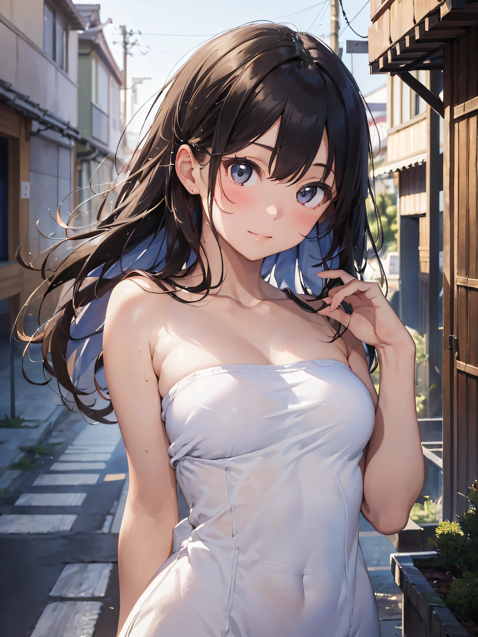 (masterpiece:2.0), (top-quality:2.0), (white Tube top extremely short length dress made by towel:1.5), (perfect exposed shoulders:1.5), (perfect exposed nape:1.5), (super sexypose:1.5), (blushed face:1.3), (barechested:1.3), (realistic:1.5), 1 girl, precise small hands, Embarrassed look, light smile, extremely cute girl, innocent face, young face, Clear eyes, Shining eyes, shoulder is visible, small breast, thigh is visible, No pubic hair, The beautiful skin, ultra-definition, Top resolution, japan high school student, brown hair