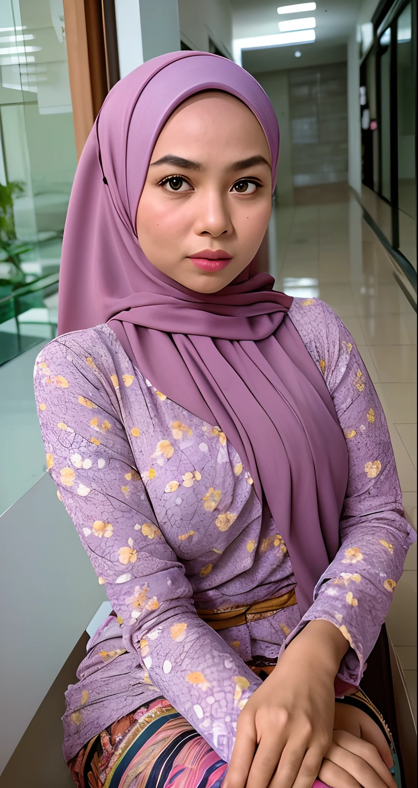 Craft an outstanding portrait that celebrates the beauty and individuality of a Malay girl in a lilac hijab and wear floral baju kurung. Showcase her personality and story through creative composition and lighting. Use natural light or unique artificial lighting to add depth and character to the portrait. Pay attention to the details of her hijab, clothing, and accessories, highlighting their textures and colors. Encourage the subject to express her emotions and character through her gaze and pose, creating a compelling and empowering portrait that captures her strength and uniqueness.