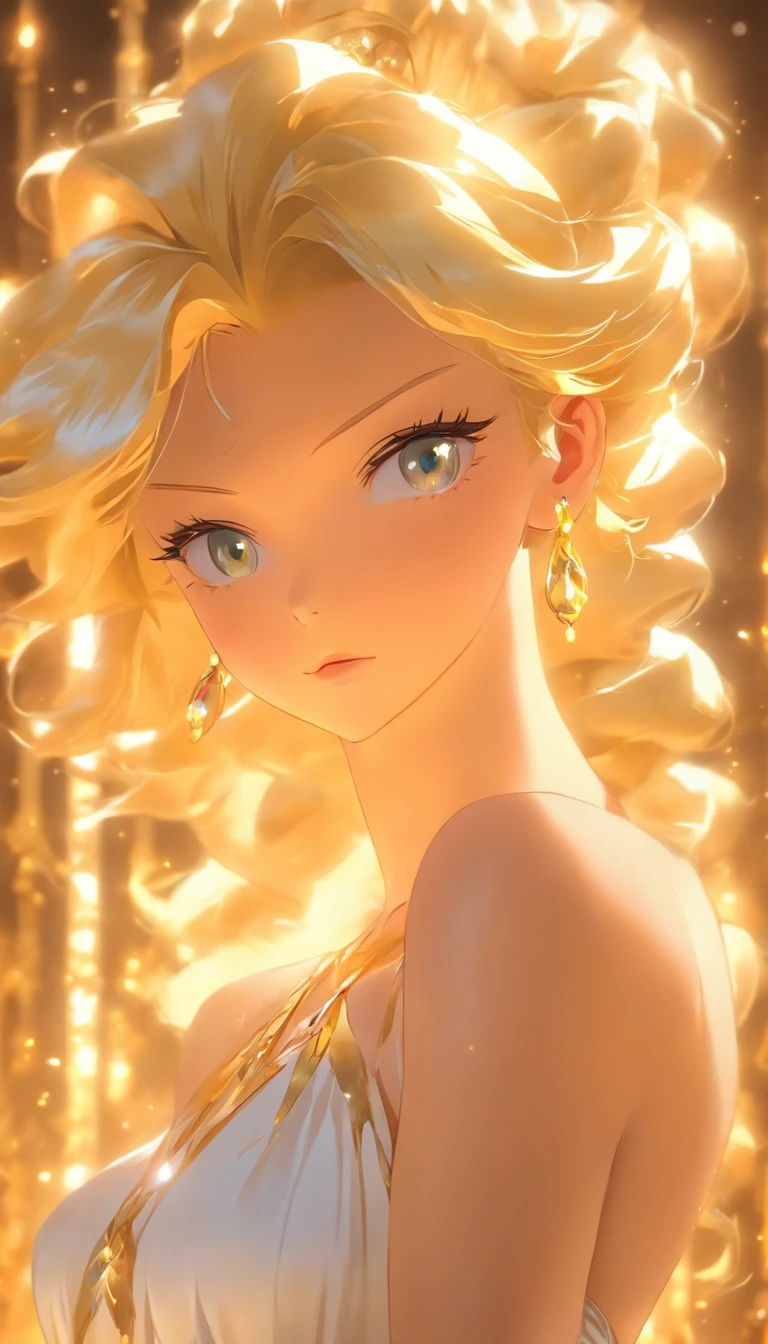 masterpiece, {{{best quality}}}, (illustration)), {{{extremely detailed CG unity 8k, Brilliant light, cinematic lighting, long_focus, cute and charming, sexy body, shiny skin, girl, ghibli animation, , long wavy blond hair, 1 girl, very large breasts, seductive, correct_anatomy, princess, tiara, lying on back, bed, cameltoe, stripping, deep cleavage, gold filigree, close up, white bedsheet, (torn silk:1.5)