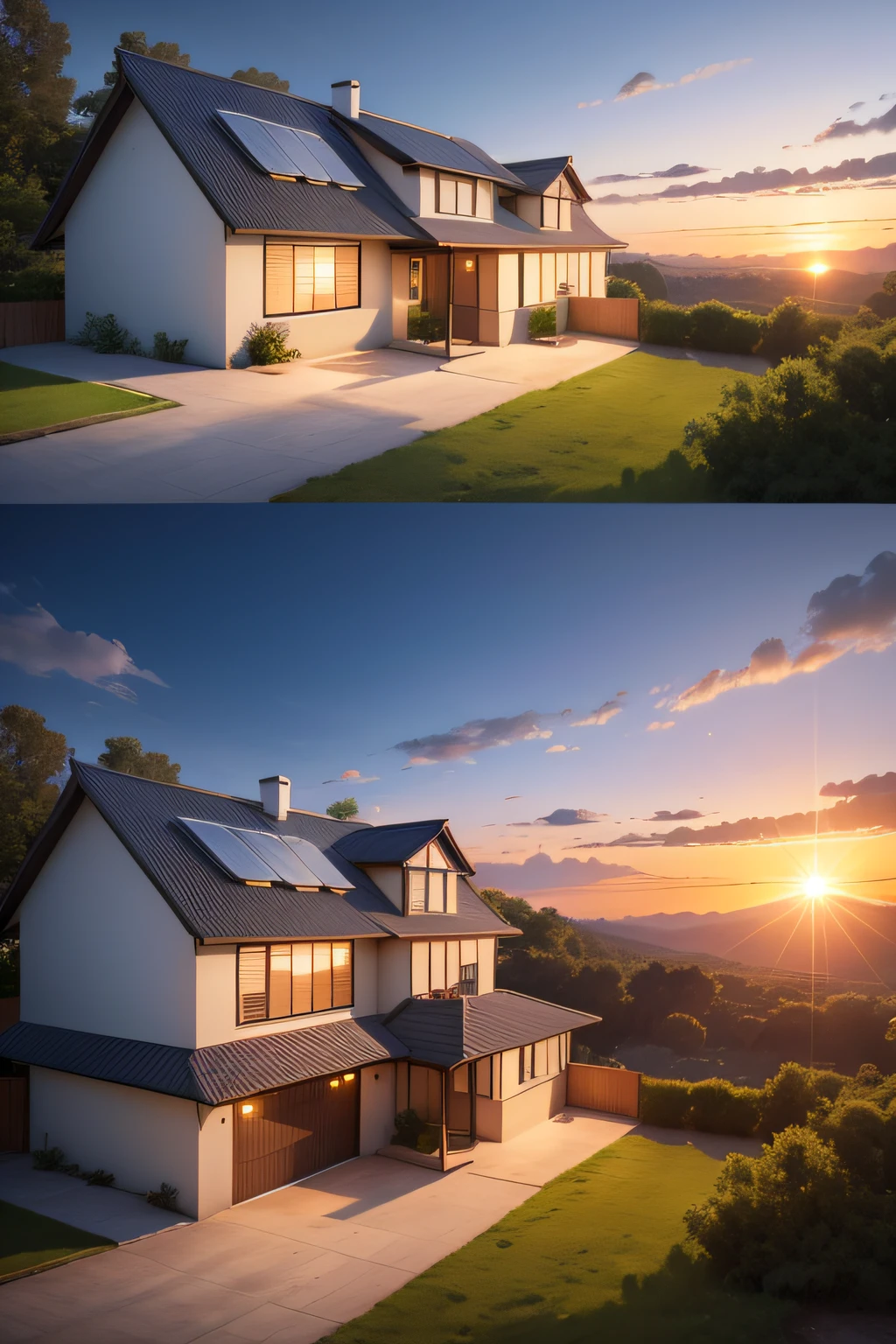 Generate a vivid description for an image of a picturesque home adorned with newly installed solar panels, set against the backdrop of a majestic sunrise