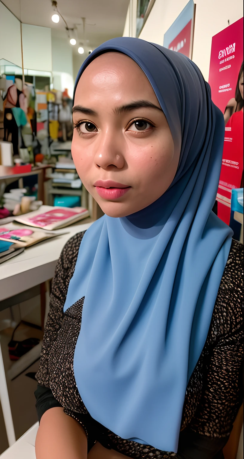 Craft an outstanding portrait that celebrates the beauty and individuality of a Malay girl in a blue hijab. Showcase her personality and story through creative composition and lighting. Use natural light or unique artificial lighting to add depth and character to the portrait. Pay attention to the details of her hijab, clothing, and accessories, highlighting their textures and colors. Encourage the subject to express her emotions and character through her gaze and pose, creating a compelling and empowering portrait that captures her strength and uniqueness.