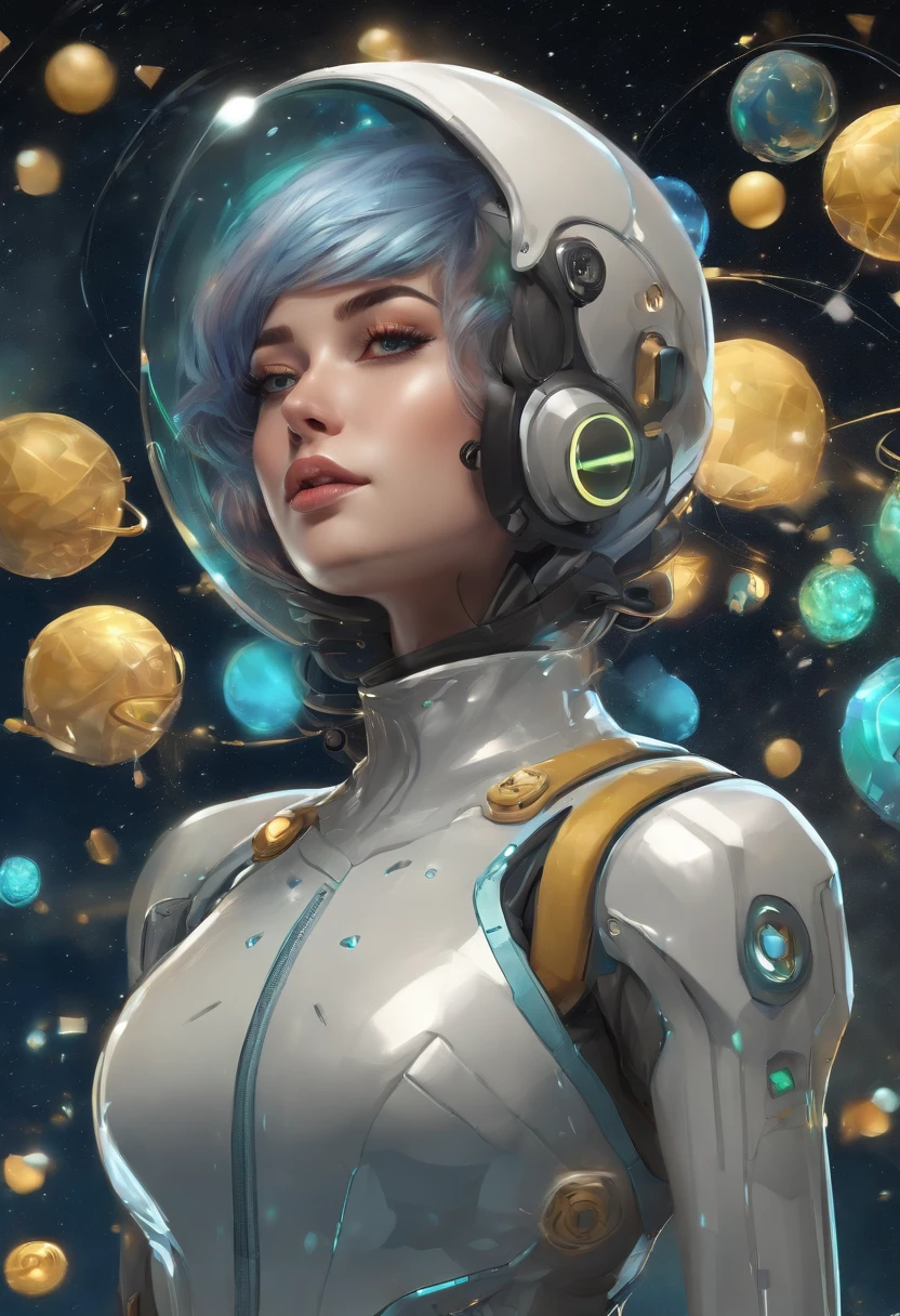 (Full body standing), Full body, Beautiful Face Woman, Iridescent haired witch in glowing spacesuit.Wearing a stylish suit、In space with a computer in hand.90's pixel characters, Gears and clocks in the brain, Futuristic background with many top anime characters running, Cute monster in the shape of a big little robot, Full Body 3D Animation Beautiful Girl Ortrait, {white,Green,yellow} Sunglasses for short hair,  Baseball Cap, {Blue,yellow} Background, Pure color, close up of face, Side view, Geometric Graphics, minimalism, Flat illustration,Floating in space