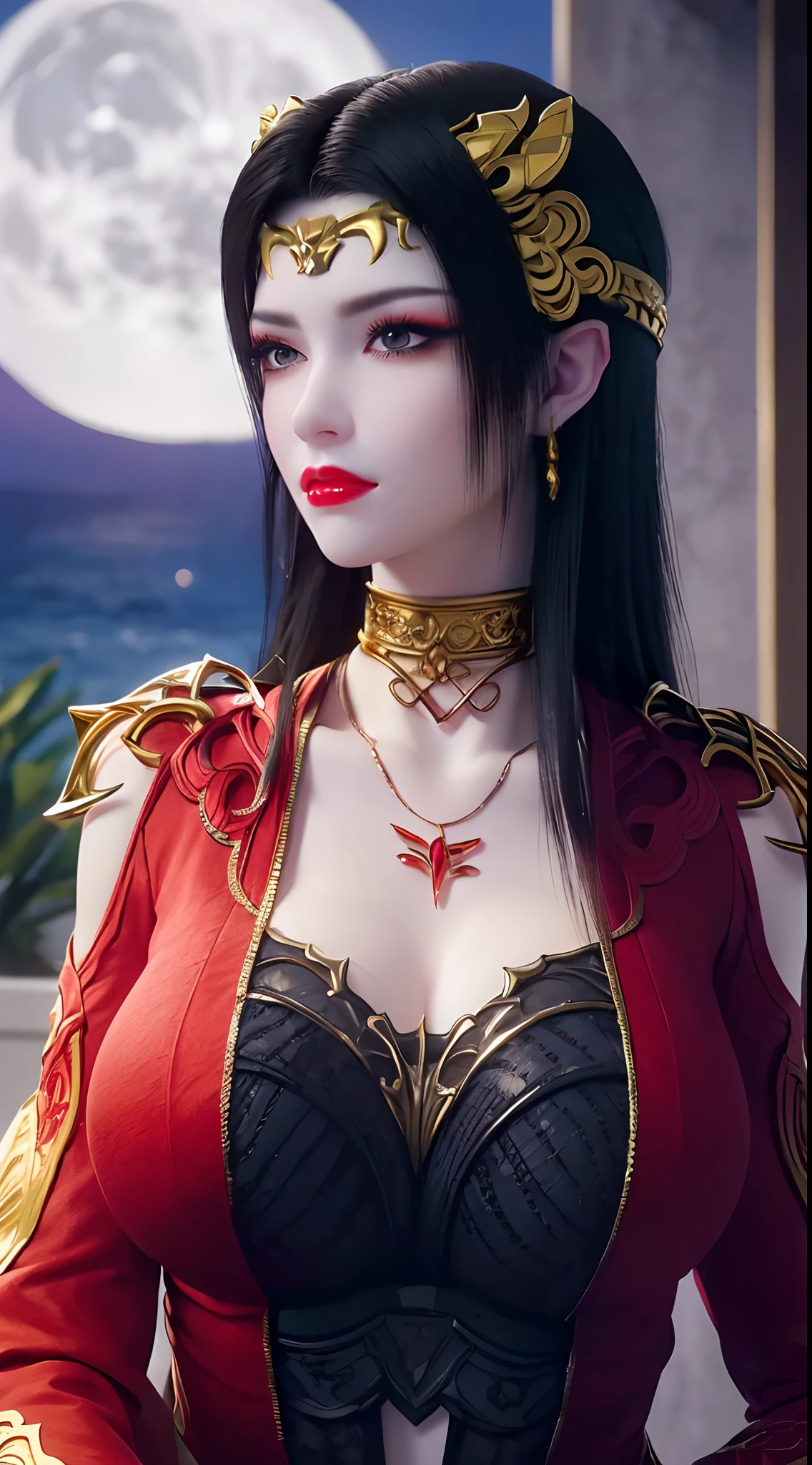 1 extremely beautiful queen, ((wears a red traditional Han costume with thin black patterns:1.6)), (((Patterns on clothes:1.6))), ((long black hair:1.6)), jewelry elaborately made from precious stones and beautiful hair, ((wearing a 24k gold lace necklace:1.4))), the noble, noble style of an extremely beautiful girl, her small face is super cute, her face is very pretty, thin eyebrows, flawless beautiful face, ((black eye pupils: 0.8)), very beautiful eyes, ((platinum blue eyes: 1.6)), (((eyes wide open:1.6))), nice makeup and hair detailed eyelashes, steamy eye makeup, high nose, earrings, red lips, ((closed mouth: 1.5)) beautiful lips, slim hands, most beautiful thighs, ((arms spread out to the sides: 1.5)), rosy face, clean face, flawless beautiful face, smooth white skin, (big breasts: 1.5)), ((high breasts: 1.6)), tight breasts, beautiful cleavage, (((big breasts and super round: 1.8))), ((super tight breasts: 1.7)) , beautiful breasts, perfect body, back arms, chest out, thin black mesh stockings with black lace trim, 8k photo, super high quality, super realistic, super 10x pixels, optical, bright studio, bright edges, dual-tone lighting, (high-detail skin:1.2), super 8k, soft lighting, high quality, volumetric lighting, photorealistic, photorealistic high resolution, lighting, best photo, 4k, 8k quality, blur effect, smooth sharp, 10 x pixel, ((sea and moonlight at night background:1.5)), aurora, lightning, super graphics realistic, most realistic graphics, 1 girl, alone, solo, Extremely sharp image, surreal, (((frontal portrait: 1)))."