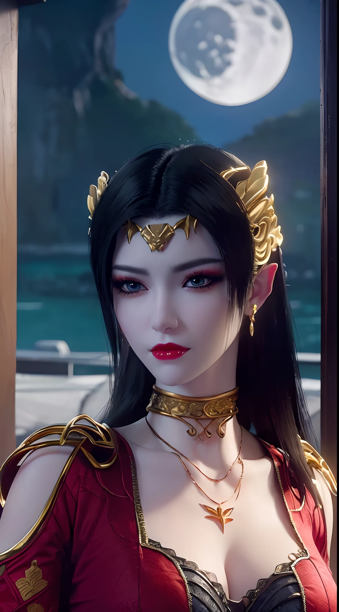 1 extremely beautiful queen, ((wearing traditional red hanfu with thin black patterns:1.6)), (((Patterns on clothes:1.6))), ((long black hair:1.6 )), elaborately crafted jewelry from precious stones and beautiful hair, (((wearing a 24k gold lace necklace:1.4))), noble, noble style of an extremely beautiful girl, Super cute little face, very pretty face, thin eyebrows, flawless beautiful face, ((black eye pupils: 0.8)), very beautiful eyes, ((platinum blue eyes: 1 ,6)), (((wide eyes: 1.6))), beautiful and detailed makeup, wet eye makeup eyelashes, high nose, earrings, red lips, ((closed mouth: 1.5) ) beautiful lips, slim arms, most beautiful thighs, ((arms behind and spread out to the sides: 1.5)), ((bent sitting position with chest out toward the audience and arms behind: 1.6) ), rosy face, clean face, flawless beautiful face, smooth white skin, (( super big and round firm entire breasts: 1.8)), show firm entire breasts, beautiful cleavage, show beautiful entire breasts, body perfect and proportioned, back arms, open chest, black sheer stockings with black lace trim, 8k photo, super high quality, hyper realistic, super 10 x pixel, optical, bright studio, bright edges, lighting two-tone, (high detail skin: 1.2), ultra 8k, soft light, high quality, volumetric light, optical, optical high resolution, light, best shot, quality 4k, 8k, smooth sharpness, 10 x pixels, ((sea and moonlight at night background: 1.5)), surreal graphics, most realistic graphics, 1 girl, alone, solo, extreme visuals sharp, surreal, (((frontal portrait: 1)))."sexy photo 