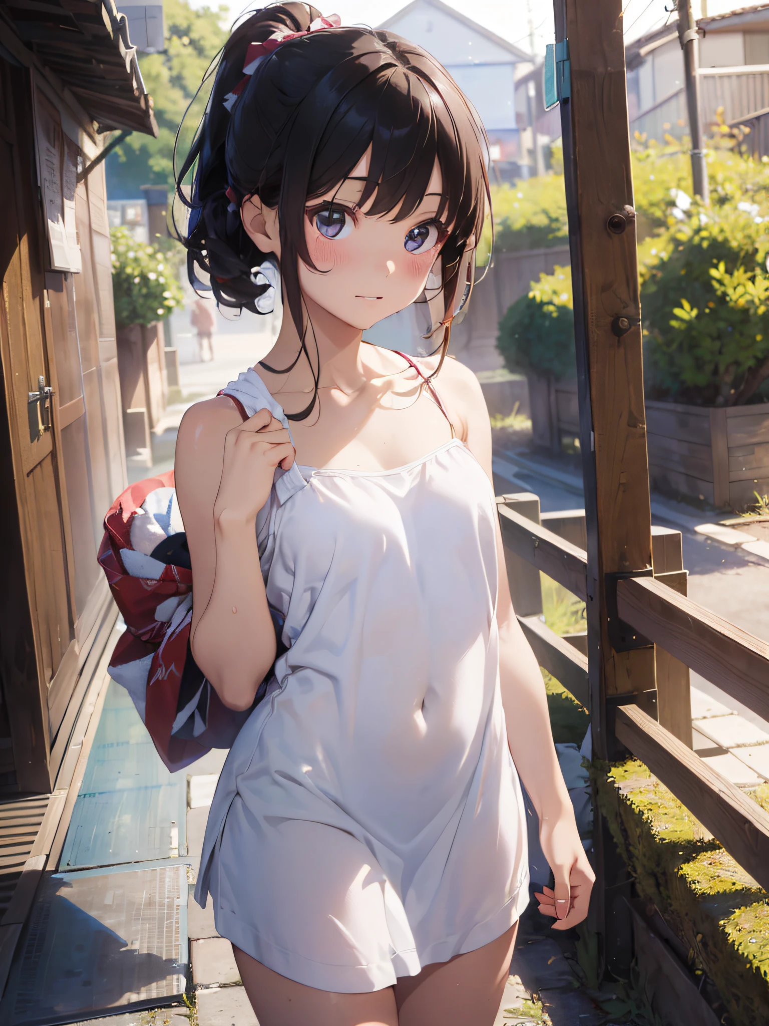 (​masterpiece:2.0), (top-quality:2.0), (white Tube top extremely short length dress made by towel:1.5), (perfect exposed shoulders:1.5), (perfect exposed nape:1.5), (super sexypose:1.5), (blushed face:1.3), (barechested:1.3), (realistic:1.5), 1  girl, precise small hands, Embarrassed look, light smile, extremely cute girl, innocent face, young face, Clear eyes, Shining eyes, shoulder is visible, small breast, thigh is visible, No pubic hair, The beautiful skin, ultra-definition, Top resolution, japan high school student, brown hair