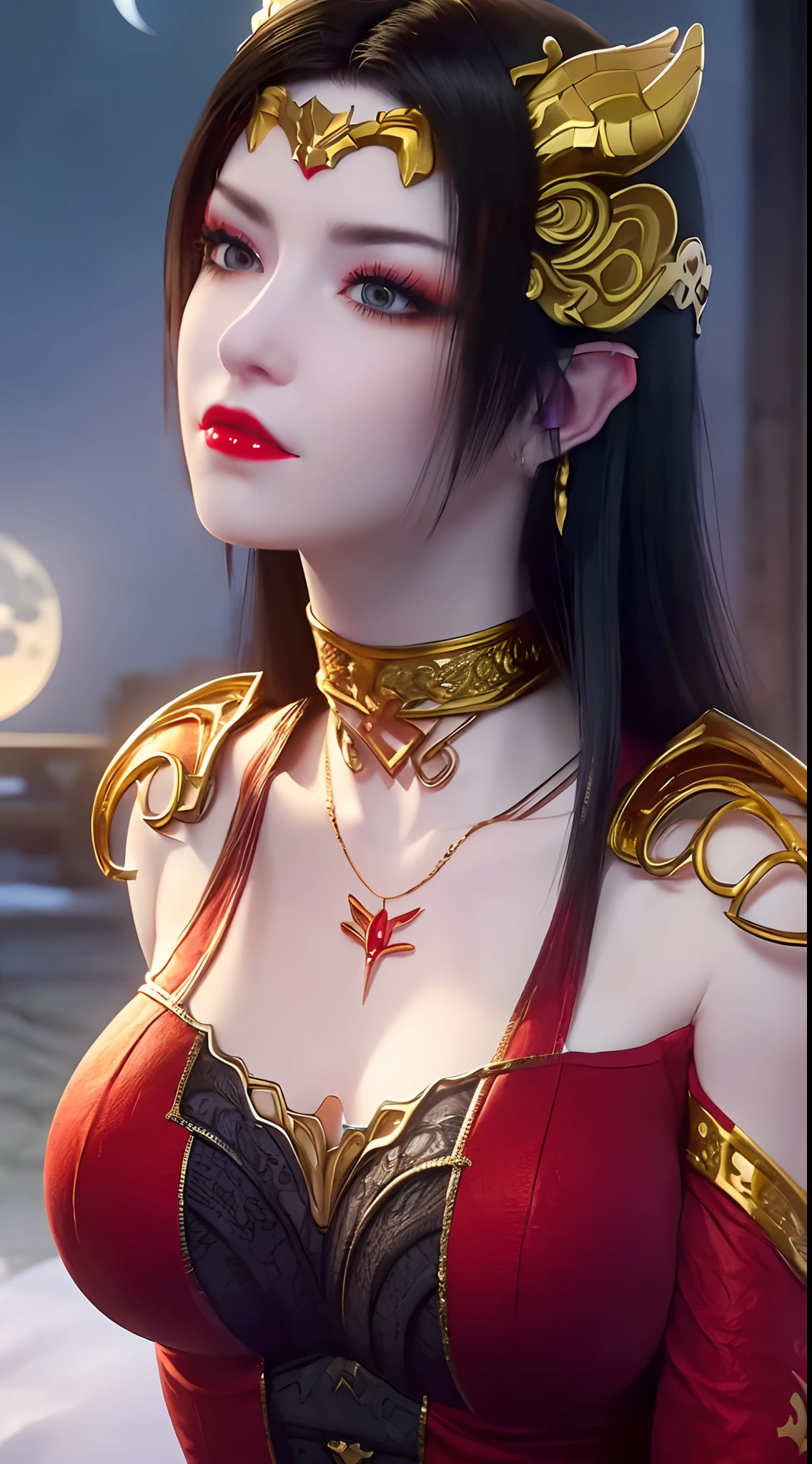 1 extremely beautiful queen, ((wears a red traditional Han costume with thin black patterns:1.6)), (((Patterns on clothes:1.6))), ((long black hair:1.6)), jewelry elaborately made from precious stones and beautiful hair, ((wearing a 24k gold lace necklace:1.4))), the noble, noble style of an extremely beautiful girl, her small face is super cute, her face is very pretty, thin eyebrows, flawless beautiful face, ((black eye pupils: 0.8)), very beautiful eyes, ((platinum blue eyes: 1.6)), (((eyes wide open:1.6))), nice makeup and hair detailed eyelashes, steamy eye makeup, high nose, earrings, red lips, ((closed mouth: 1.5)) beautiful lips, slim hands, most beautiful thighs, ((arms spread out to the sides: 1.5)), rosy face, clean face, flawless beautiful face, smooth white skin, (big breasts: 1.5)), ((high breasts: 1.6)), tight breasts, beautiful cleavage, (((big breasts and super round: 1.8))), ((super tight breasts: 1.7)) , beautiful breasts, perfect body, back arms, chest out, thin black mesh stockings with black lace trim, 8k photo, super high quality, super realistic, super 10x pixels, optical, bright studio, bright edges, dual-tone lighting, (high-detail skin:1.2), super 8k, soft lighting, high quality, volumetric lighting, photorealistic, photorealistic high resolution, lighting, best photo, 4k, 8k quality, blur effect, smooth sharp, 10 x pixel, ((sea and moonlight at night background:1.5)), aurora, lightning, super graphics realistic, most realistic graphics, 1 girl, alone, solo, Extremely sharp image, surreal, (((frontal portrait: 1)))."