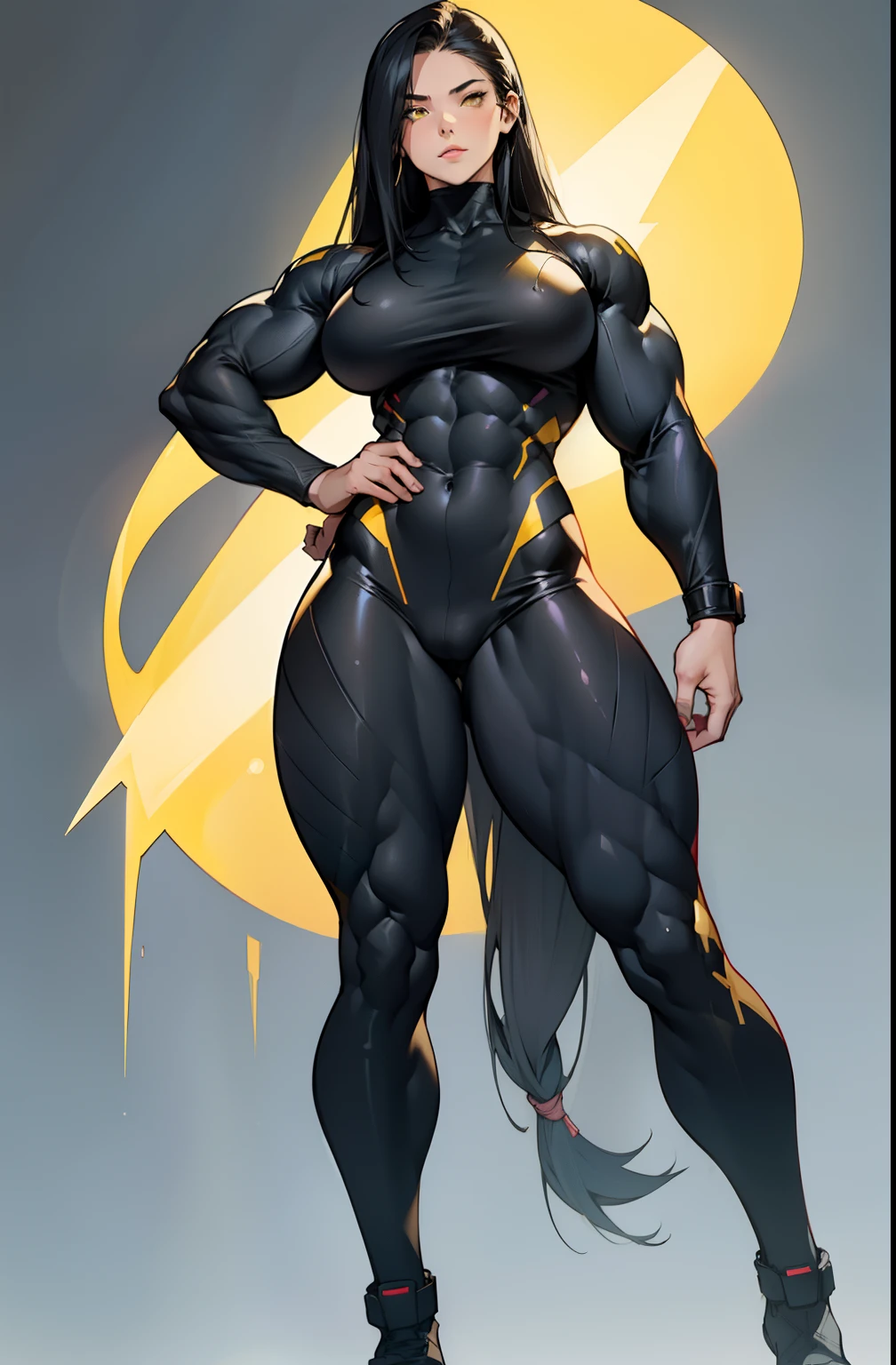 (((((1 girl))))), black hair, yellow eyes, very long hair, ((((((muscular)))))), tall, pale skin, bodysuit, ((full body)), (solo), curvy, wide hips, thick thighs, perky breasts