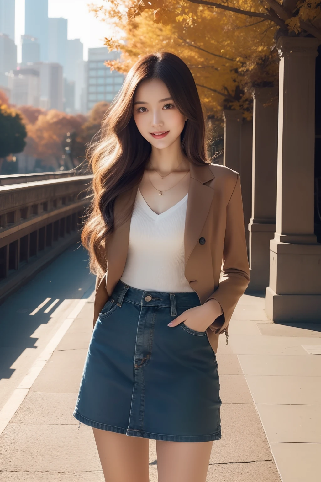 (Transcendent beauty:1.2), modeled, 25-years old, kawaii faces, The best smile, ​masterpiece, top-quality, winning artwork, ((hight resolution)), ((the Extremely Detailed CG Unity 8K Wallpapers)), Great skin, (Random Hair Styles), Perfect body line, Slender body, Clothes of prestigious brands, Autumn outfit, Classy and fashionable atmosphere, captivating and enticing, Sexy Girl, standing against a city skyline, Autumn glow