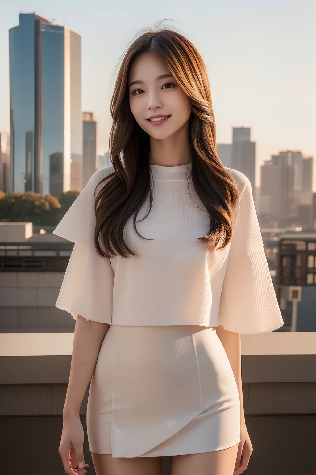 (Transcendent beauty:1.2), modeled, 25-years old, kawaii faces, The best smile, ​masterpiece, top-quality, winning artwork, ((hight resolution)), ((the Extremely Detailed CG Unity 8K Wallpapers)), Great skin, (Random Hair Styles), Perfect body line, Slender body, Clothes of prestigious brands, Autumn outfit, Classy and fashionable atmosphere, captivating and enticing, Sexy Girl, Stand against the backdrop of the city skyline, Autumn glow