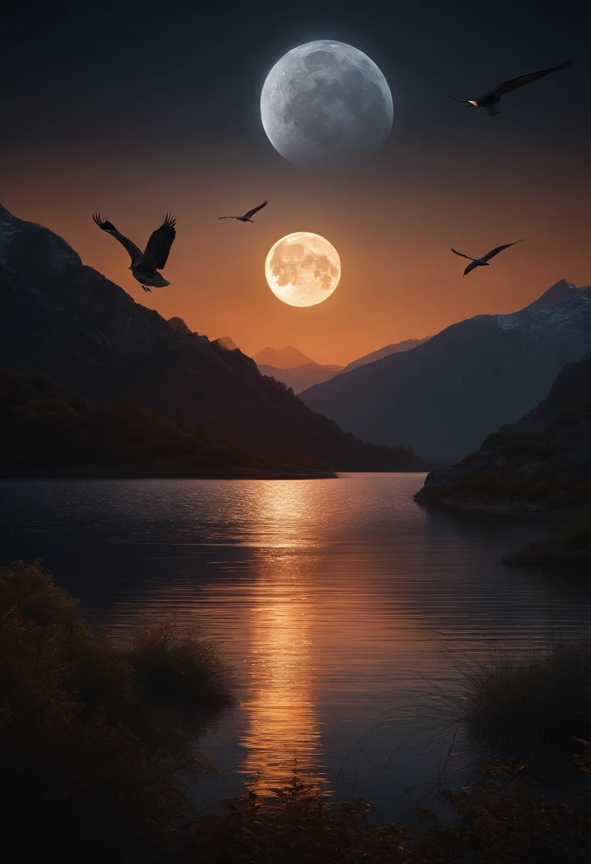 Very Starry Night. A huge moon behind the mountain. A tranquil lake reflects the night. The sunset is accompanied by flying cranes. Realistic scenes, detail, photorealism, 8k