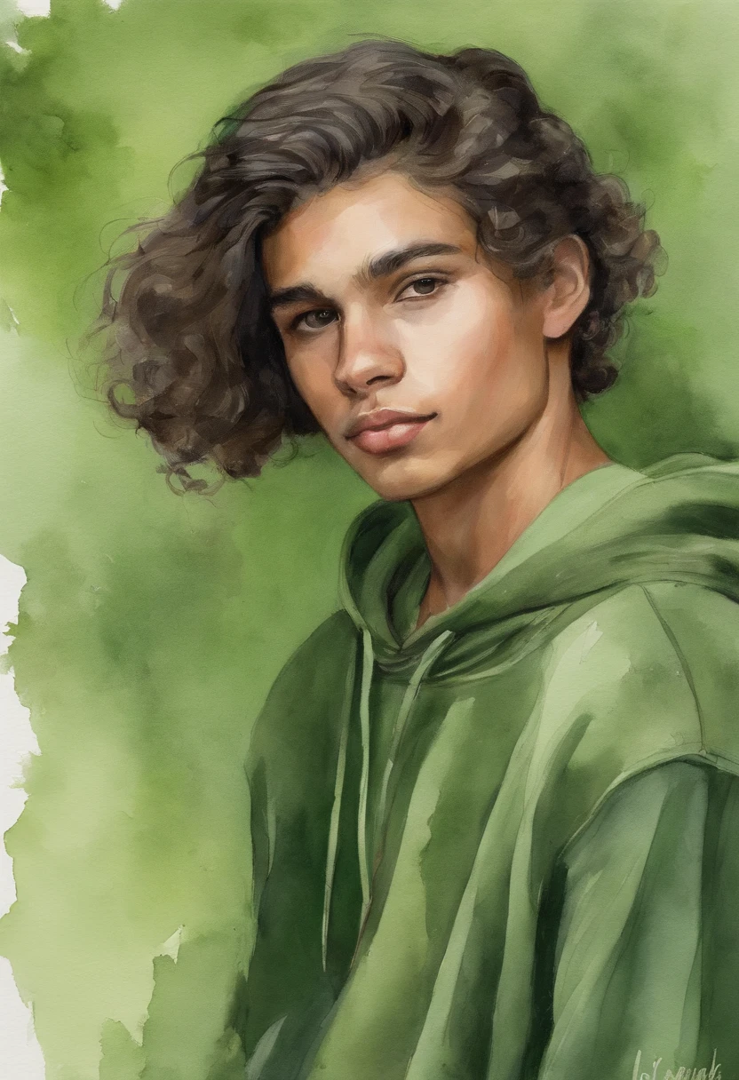 arafed boy 19 yo, 180cm , 70kg, in a light green sweatshirt , mid shot portrait, profile shot, photo portrait, high quality portrait, taken in the early 2020s, headshot profile picture, french crop haircut, black hair, van  beard style , brown eyes,