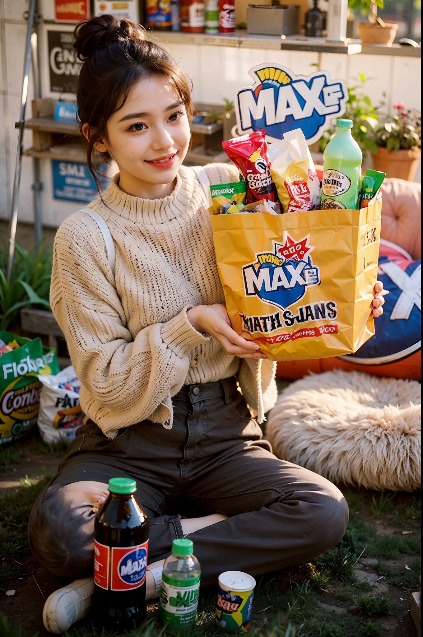 Smile woman sitting on the ground holding a bag of snacks and drinks, max details, maxis, promotional movie still, maxar, max hay, promo still, max accurate, inspired by Max Buri, shot for imax, movie promotional image, promotional still, cinematic flavor, movie still promotion, max quality, pokimane, 😭 🤮 💕 🎀