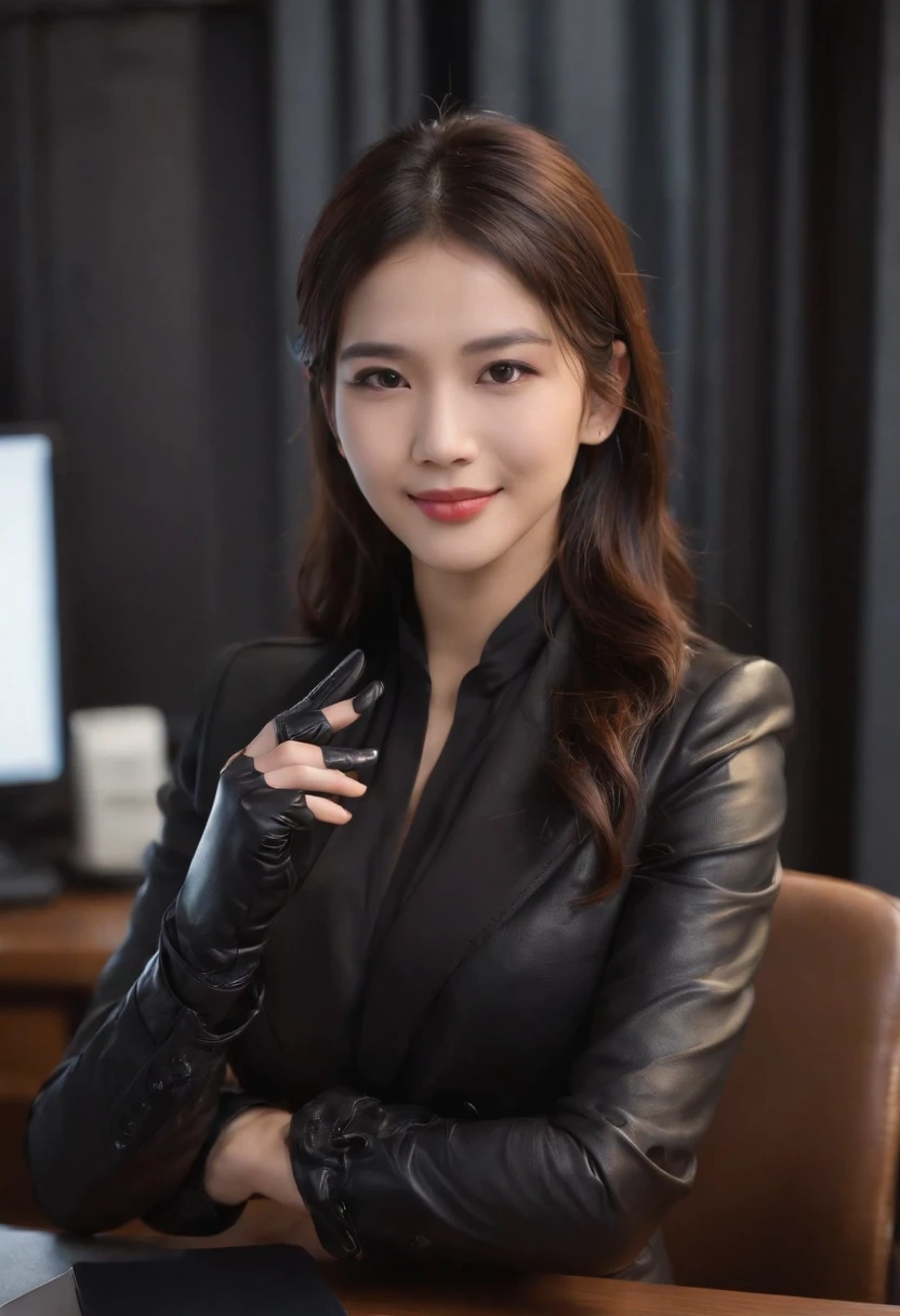 Wearing black leather gloves on both hands, Upper body, Black business suit, Facing the desk in my room with a computer in the dark, Look down and smile, Operating the computer with the fingertips of black leather gloves, Black hair was tied back for a long time, Japan female new employee who is still young and very cute (Black leather gloves cover both hands)