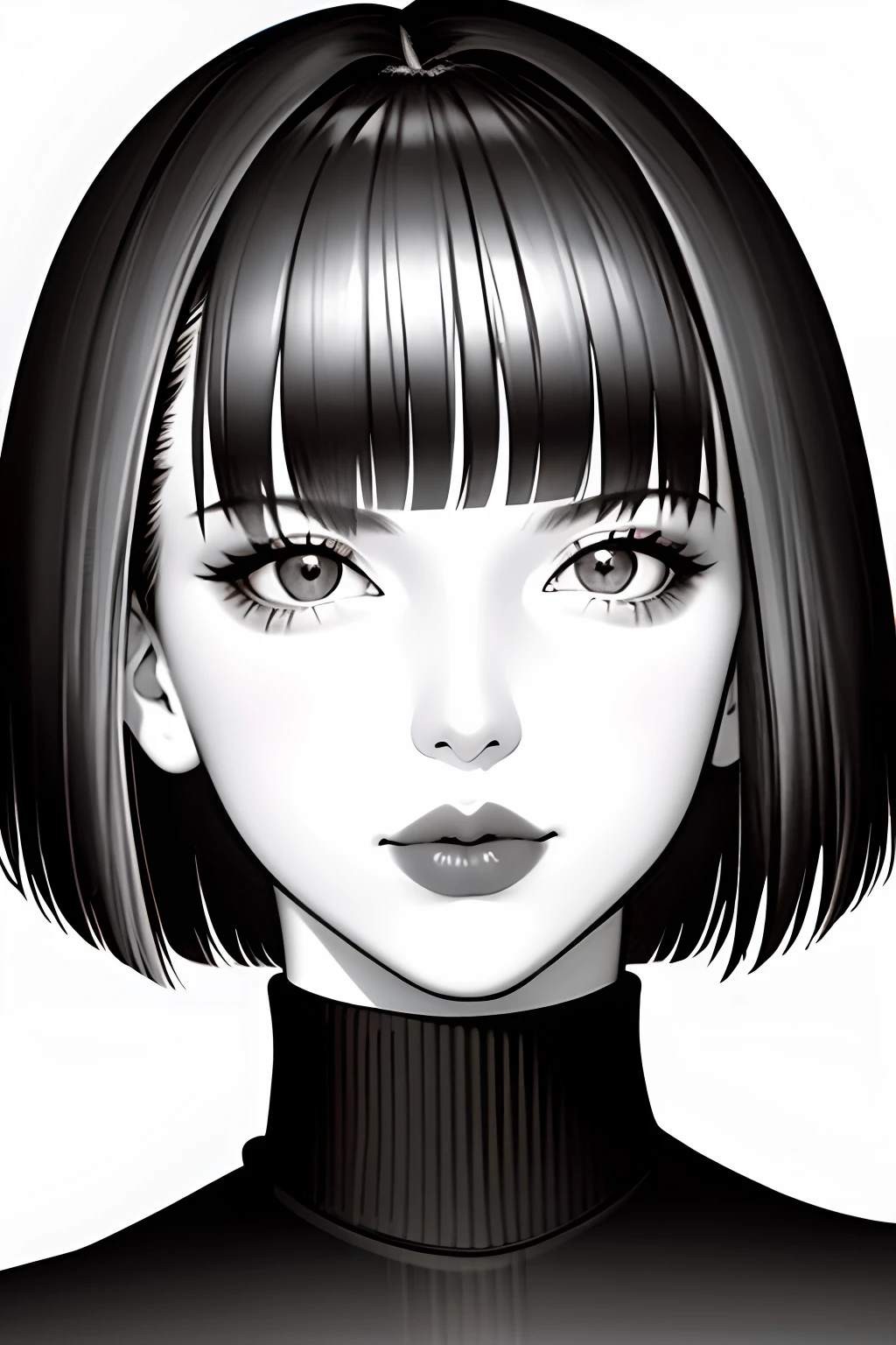 1girl, solo, monochrome, greyscale, bob cut, short hair, portrait, turtleneck, closed mouth, bangs, looking at viewer, blunt bangs, sketch, graphite \(medium\), lips, hatching \(texture\)
