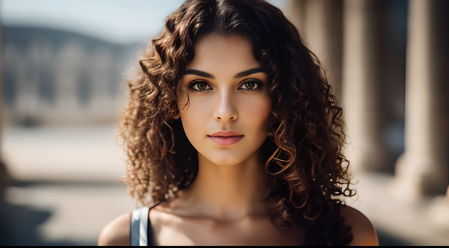 a photo, close to face in style of Richard Avedon of beautiful gorgeous elegant italian woman with greek profile and curly hairs, (((she stands in front of you and looks in camera))), ((high detailed skin:1.2)), film grain Fujifilm XT3, 8k, hdr,