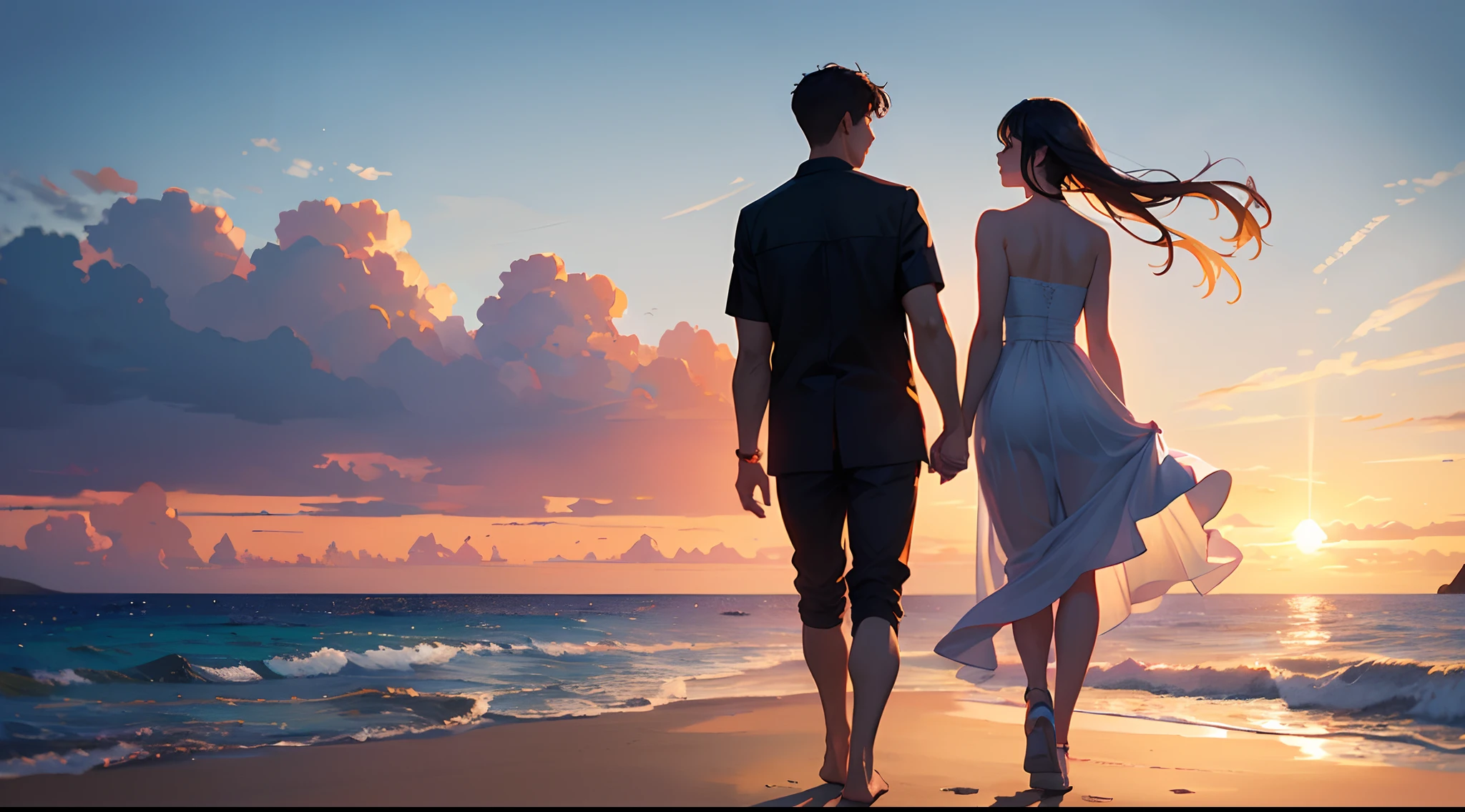 ((Best Quality, 8K, Masterpiece: 1.3)), A loving couple walking hand in hand on a beach at sunset, symbolizing romance and togetherness.