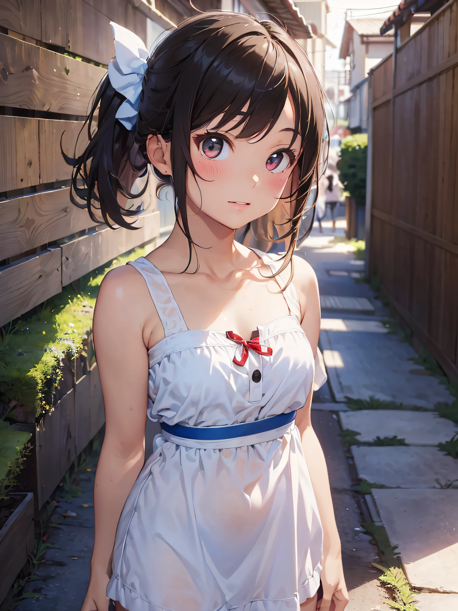 (masterpiece:2.0), (top-quality:2.0), (white Tube top extremely short length dress made by towel:1.5), (perfect exposed shoulders:1.5), (perfect exposed nape:1.5), (super sexypose:1.5), (blushed face:1.3), (barechested:1.3), (realistic:1.5), 1 girl, precise small hands, Embarrassed look, light smile, extremely cute girl, innocent face, young face, Clear eyes, Shining eyes, shoulder is visible, small breast, thigh is visible, No pubic hair, The beautiful skin, ultra-definition, Top resolution, japan high school student, brown hair