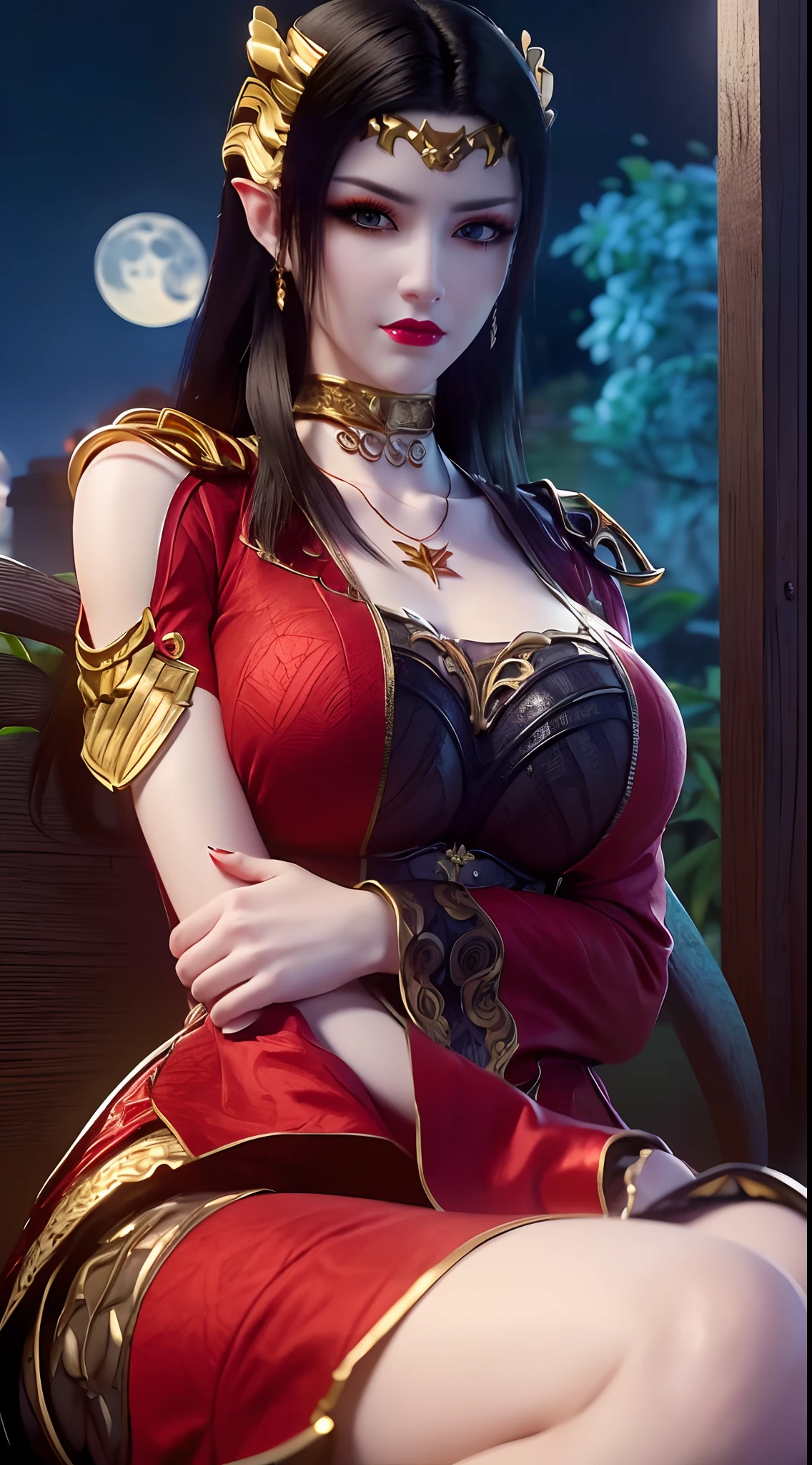 1 extremely beautiful queen, ((wears a red traditional Han costume with thin black patterns:1.6)), (((Patterns on clothes:1.6))), ((long black hair:1.6)), jewelry elaborately made from precious stones and beautiful hair, ((wearing a 24k gold lace necklace:1.4))), the noble, noble style of an extremely beautiful girl, her small face is super cute, her face is very pretty, thin eyebrows, flawless beautiful face, ((black eye pupils: 0.8)), very beautiful eyes, ((platinum blue eyes: 1.6)), (((eyes wide open:1.6))), nice makeup and hair detailed eyelashes, steamy eye makeup, high nose, earrings, red lips, ((closed mouth: 1.5)) beautiful lips, slim hands, most beautiful thighs, ((arms spread out to the sides: 1.5)), rosy face, clean face, flawless beautiful face, smooth white skin, (big breasts: 1.5)), ((high breasts: 1.6)), tight breasts, beautiful cleavage, (((big breasts and super round: 1.8))), ((super tight breasts: 1.7)) , beautiful breasts, perfect body, back arms, chest out, thin black mesh stockings with black lace trim, 8k photo, super high quality, super realistic, super 10x pixels, optical, bright studio, bright edges, dual-tone lighting, (high-detail skin:1.2), super 8k, soft lighting, high quality, volumetric lighting, photorealistic, photorealistic high resolution, lighting, best photo, 4k, 8k quality, blur effect, smooth sharp, 10 x pixel, ((sea and moonlight at night background:1.5)), aurora, lightning, super graphics realistic, most realistic graphics, 1 girl, alone, solo, Extremely sharp image, surreal, (((frontal portrait: 1)))."