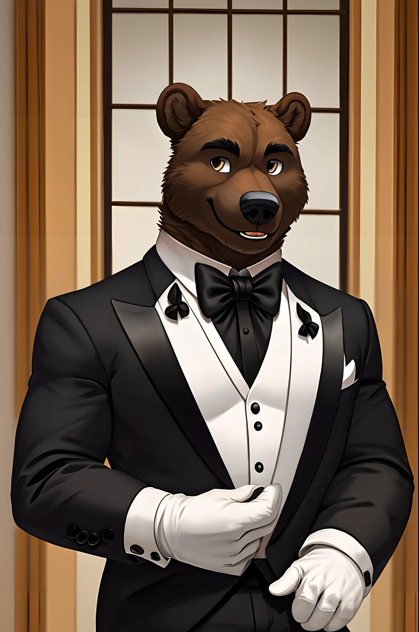 masterpiece, best quality, highres, 1male, solo, brown bear male, furry, black tuxedo,  white formal gloves, smile,  butler,