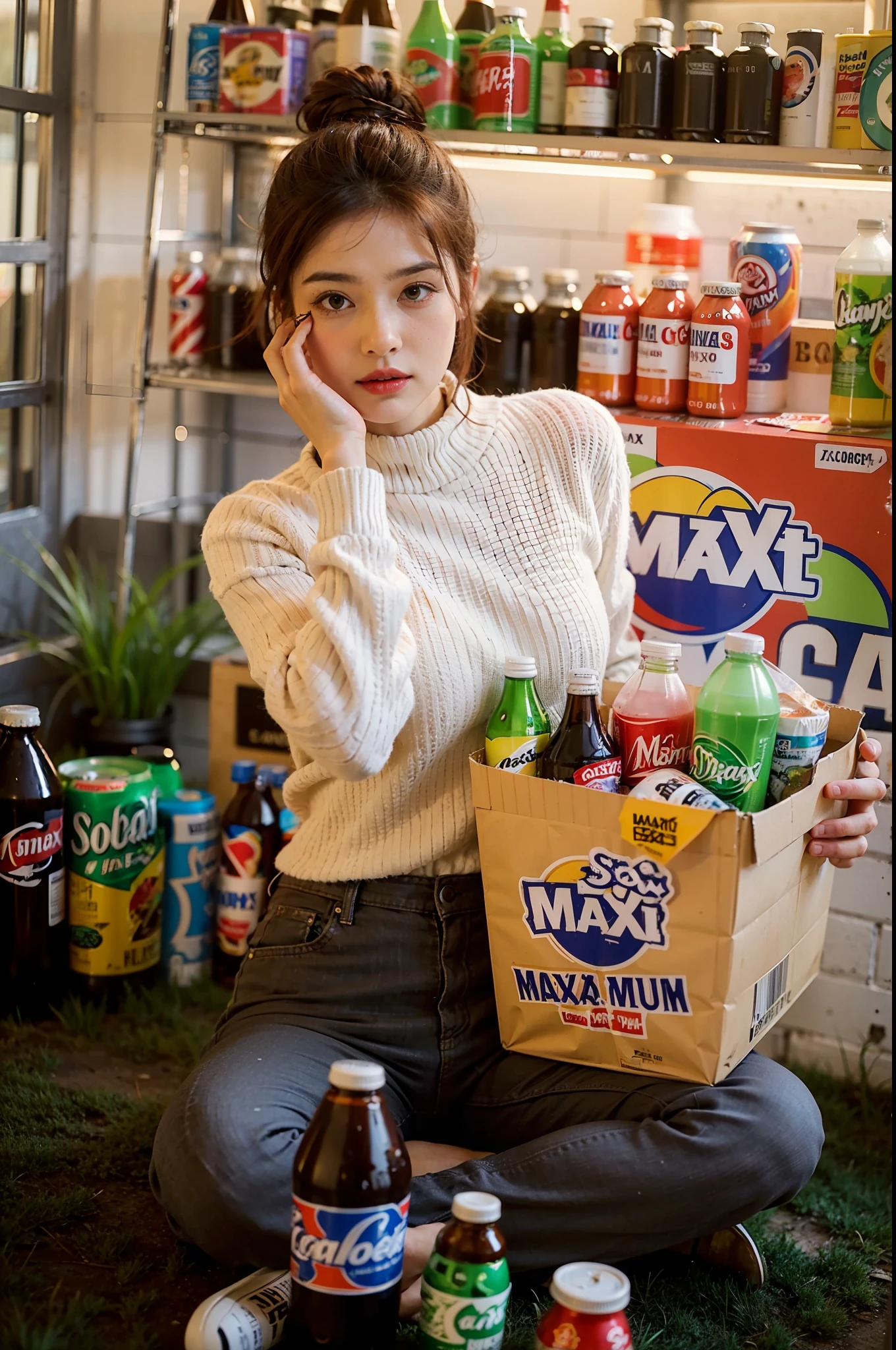 Smile woman sitting on the ground holding a bag of snacks and drinks, max details, maxis, promotional movie still, maxar, max hay, promo still, max accurate, inspired by Max Buri, shot for imax, movie promotional image, promotional still, cinematic flavor, movie still promotion, max quality, pokimane, 😭 🤮 💕 🎀