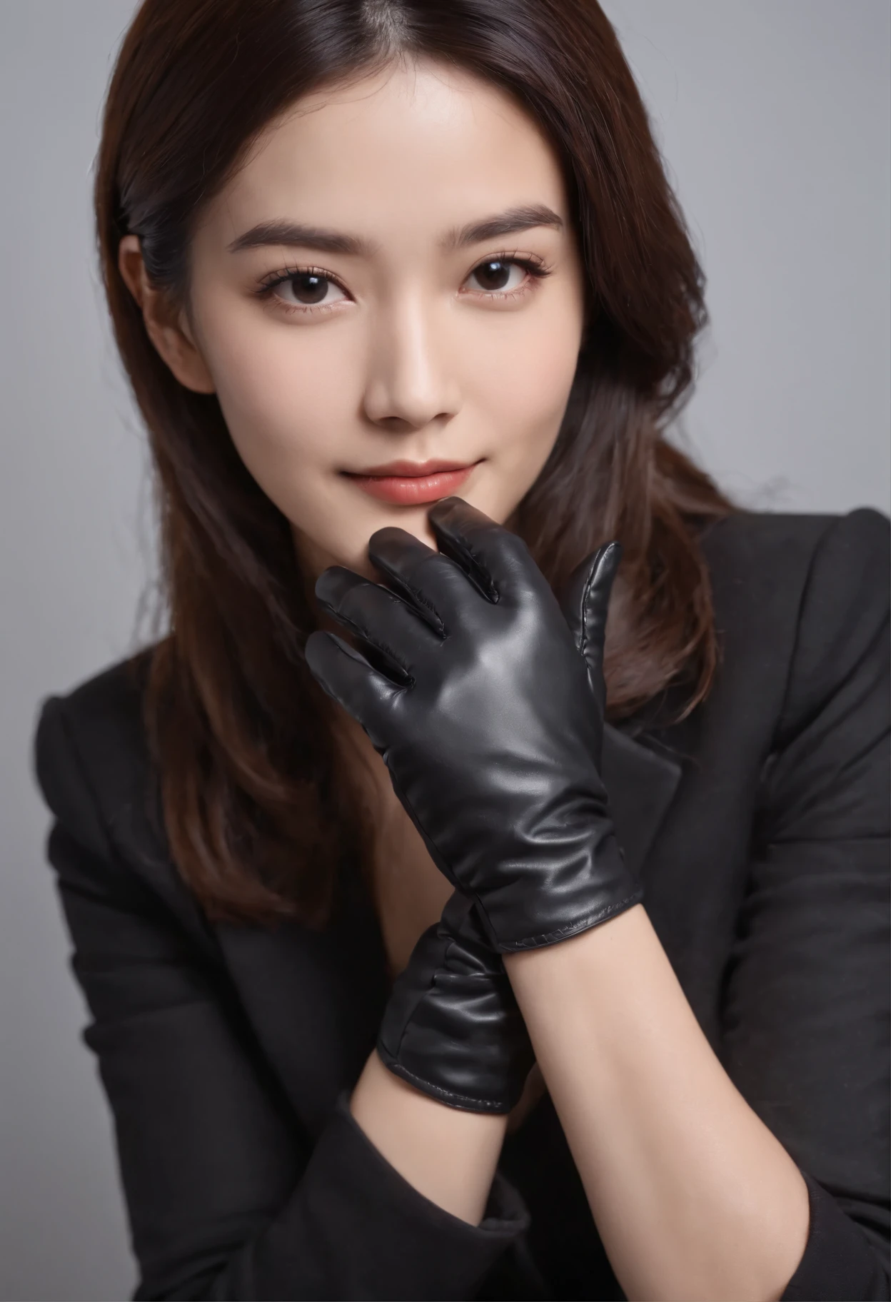 Wearing black leather gloves on both hands, Upper body, Black business suit, Facing the desk in my room with a computer in the dark, Look down and smile, Operating the computer with the fingertips of black leather gloves, Black hair was tied back for a long time, Japan female new employee who is still young and very cute (Black leather gloves cover both hands)