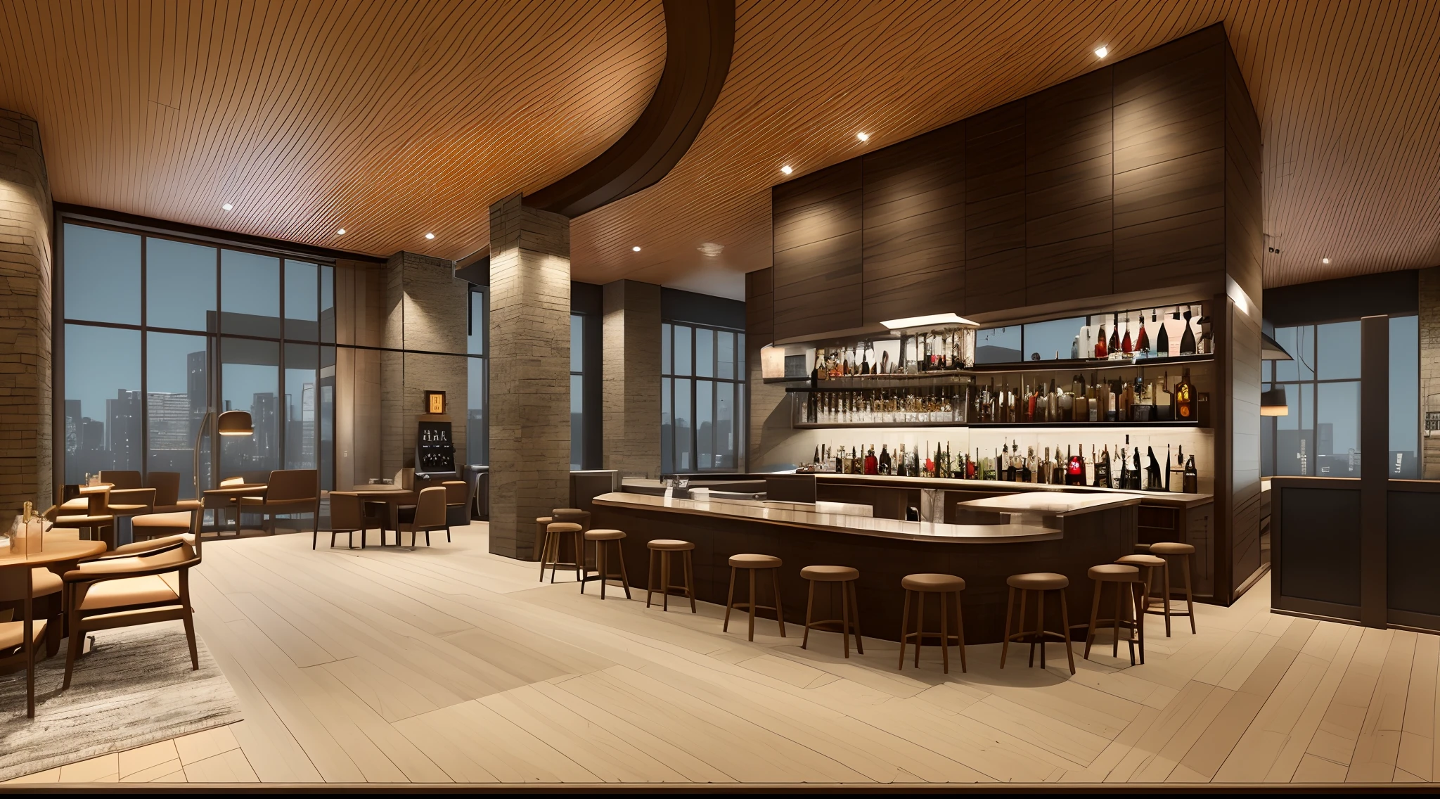 there is a large room with a bar and a lot of chairs, an illustration of a bar/lounge, rendered in enscape, rendered in corona, highly photographic render, mantra rendering, enscape render, rendering of checkmate, digital rendering, detailed renderings, cg rendering, bar in background, precise architectural rendering, detailed rendering, photographic render, a photorealistic rendering, modern style