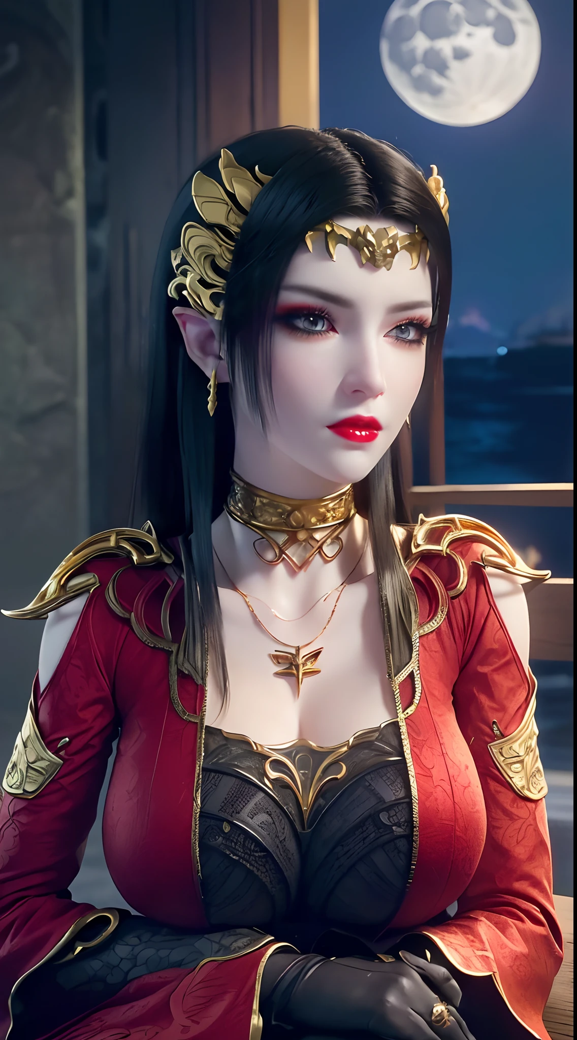 1 extremely beautiful queen, ((wears a red traditional Han costume with thin black patterns:1.6)), (((Patterns on clothes:1.6))), ((long black hair:1.6)), jewelry elaborately made from precious stones and beautiful hair, ((wearing a 24k gold lace necklace:1.4))), the noble, noble style of an extremely beautiful girl, her small face is super cute, her face is very pretty, thin eyebrows, flawless beautiful face, ((black eye pupils: 0.8)), very beautiful eyes, ((platinum blue eyes: 1.6)), (((eyes wide open:1.6))), nice makeup and hair detailed eyelashes, steamy eye makeup, high nose, earrings, red lips, ((closed mouth: 1.5)) beautiful lips, slim hands, most beautiful thighs, ((arms spread out to the sides: 1.5)), rosy face, clean face, flawless beautiful face, smooth white skin, (big breasts: 1.5)), ((high breasts: 1.6)), tight breasts, beautiful cleavage, (((big breasts and super round: 1.8))), ((super tight breasts: 1.7)) , beautiful breasts, perfect body, back arms, chest out, thin black mesh stockings with black lace trim, 8k photo, super high quality, super realistic, super 10x pixels, optical, bright studio, bright edges, dual-tone lighting, (high-detail skin:1.2), super 8k, soft lighting, high quality, volumetric lighting, photorealistic, photorealistic high resolution, lighting, best photo, 4k, 8k quality, blur effect, smooth sharp, 10 x pixel, ((sea and moonlight at night background:1.5)), aurora, lightning, super graphics realistic, most realistic graphics, 1 girl, alone, solo, Extremely sharp image, surreal, (((frontal portrait: 1)))."