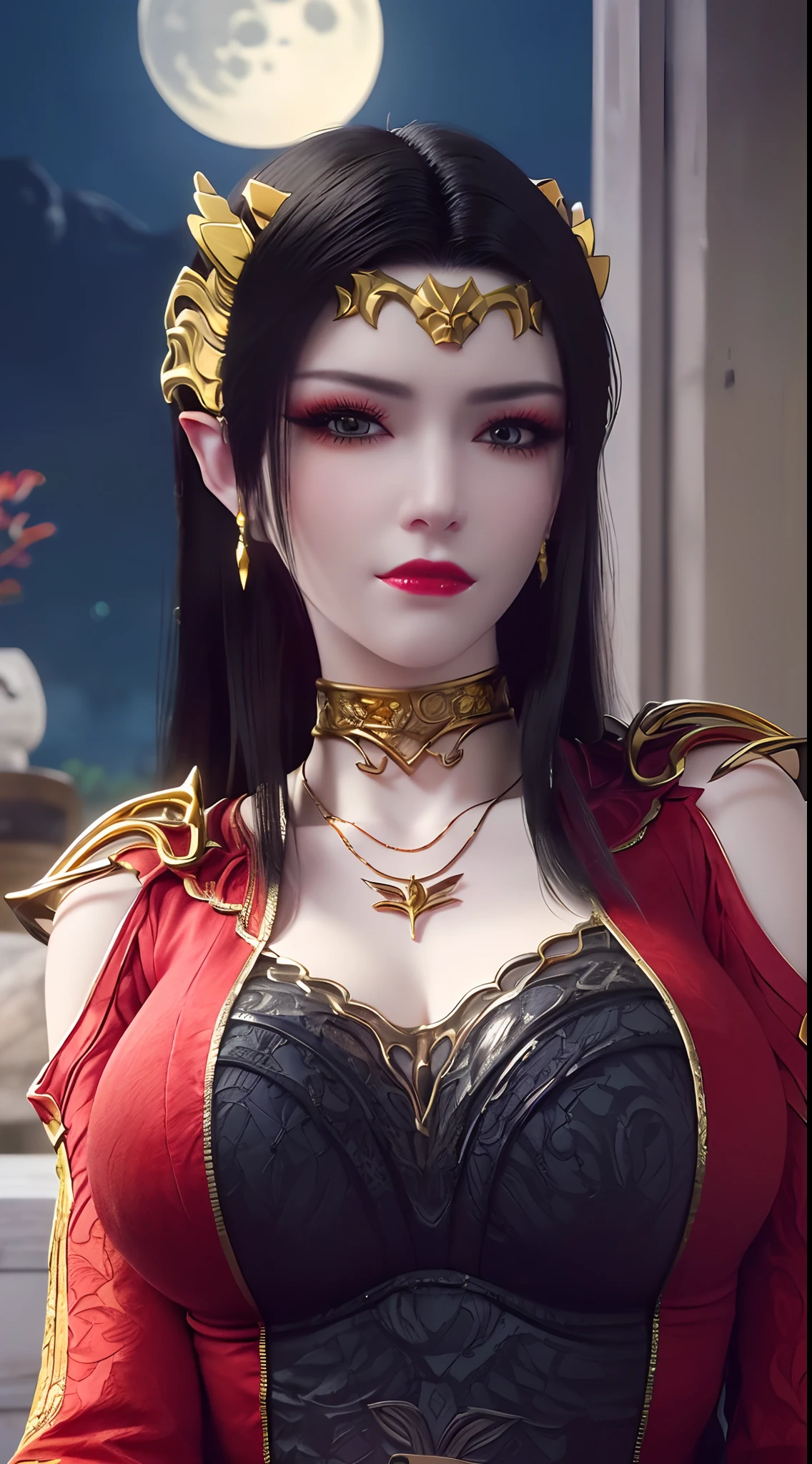 1 extremely beautiful queen, ((wears a red traditional Han costume with thin black patterns:1.6)), (((Patterns on clothes:1.6))), ((long black hair:1.6)), jewelry elaborately made from precious stones and beautiful hair, ((wearing a 24k gold lace necklace:1.4))), the noble, noble style of an extremely beautiful girl, her small face is super cute, her face is very pretty, thin eyebrows, flawless beautiful face, ((black eye pupils: 0.8)), very beautiful eyes, ((platinum blue eyes: 1.6)), (((eyes wide open:1.6))), nice makeup and hair detailed eyelashes, steamy eye makeup, high nose, earrings, red lips, ((closed mouth: 1.5)) beautiful lips, slim hands, most beautiful thighs, ((arms spread out to the sides: 1.5)), rosy face, clean face, flawless beautiful face, smooth white skin, (big breasts: 1.5)), ((high breasts: 1.6)), tight breasts, beautiful cleavage, (((big breasts and super round: 1.8))), ((super tight breasts: 1.7)) , beautiful breasts, perfect body, back arms, chest out, thin black mesh stockings with black lace trim, 8k photo, super high quality, super realistic, super 10x pixels, optical, bright studio, bright edges, dual-tone lighting, (high-detail skin:1.2), super 8k, soft lighting, high quality, volumetric lighting, photorealistic, photorealistic high resolution, lighting, best photo, 4k, 8k quality, blur effect, smooth sharp, 10 x pixel, ((sea and moonlight at night background:1.5)), aurora, lightning, super graphics realistic, most realistic graphics, 1 girl, alone, solo, Extremely sharp image, surreal, (((frontal portrait: 1)))."