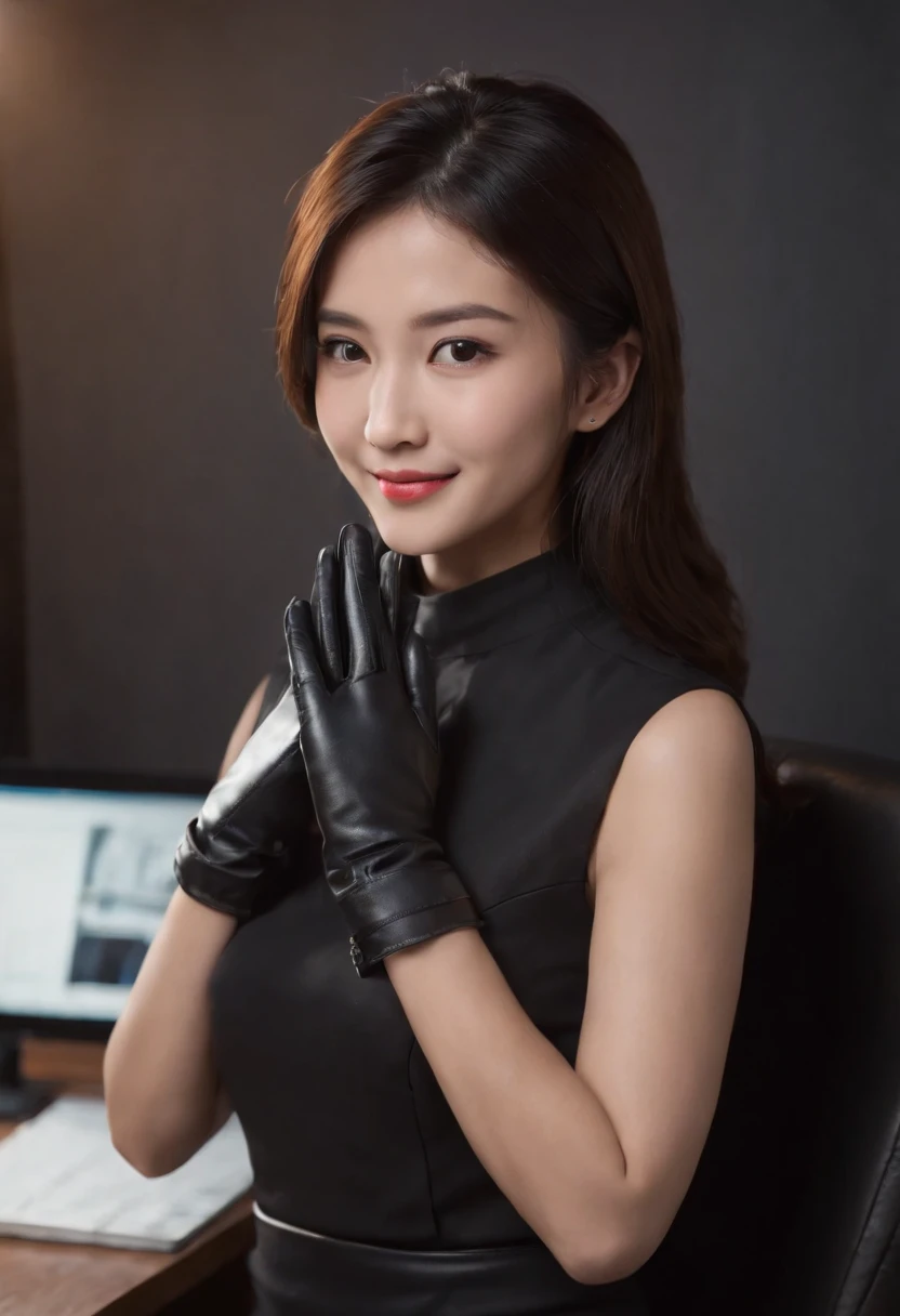 Wearing black leather gloves on both hands, Upper body, Black business suit, Facing the desk in my room with a computer in the dark, Look down and smile, Operating the computer with the fingertips of black leather gloves, Black hair was tied back for a long time, Japan female new employee who is still young and very cute (Black leather gloves cover both hands)